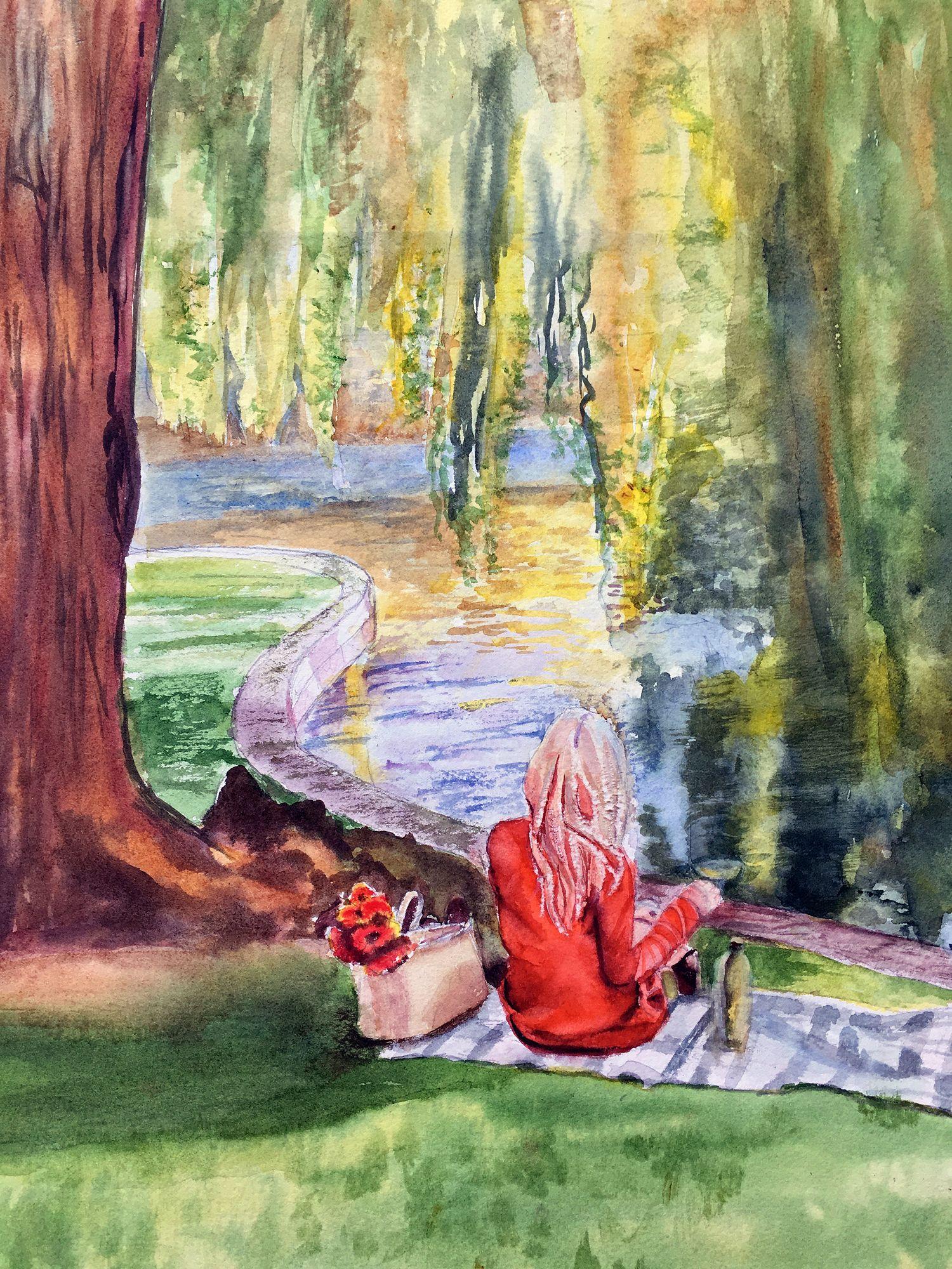 Lauren im öffentlichen Garten, Gemälde, Aquarell auf Aquarellpapier – Art von Lynne Atwood