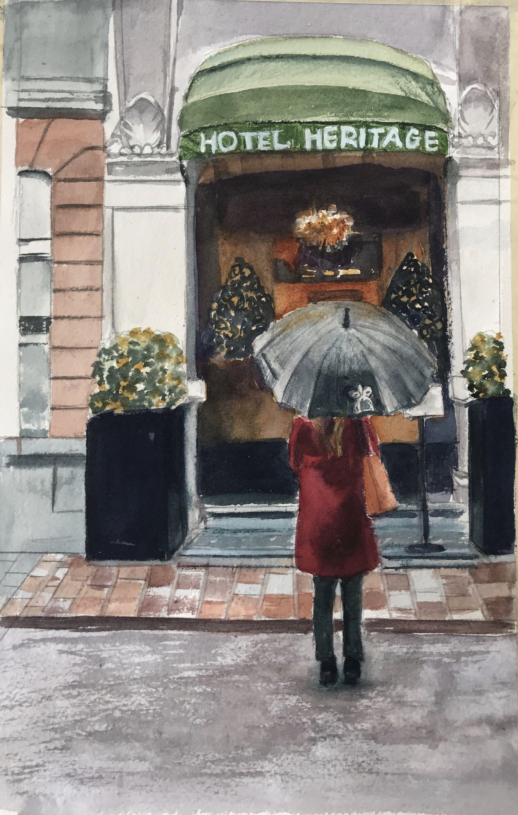 Heritage Hotel, Pittura, Acquerello su carta - Art di Lynne Atwood