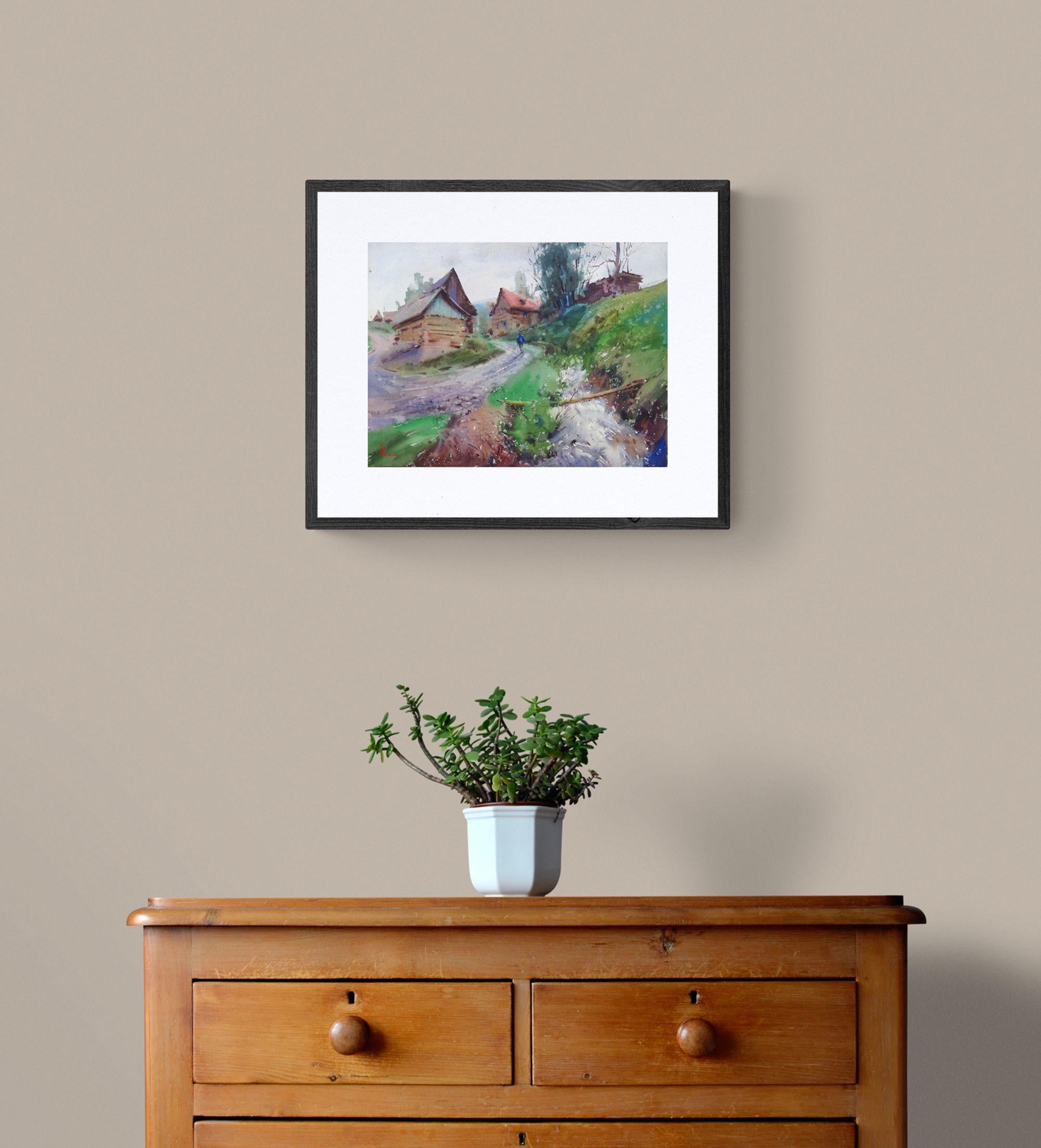 Excellent piece of original art.  Handmade Signed Painting.  Original watercolor painting by Ukrainian artist Maksym Kisilov    Title: ''Street in Studenoy''  Size: 14.1