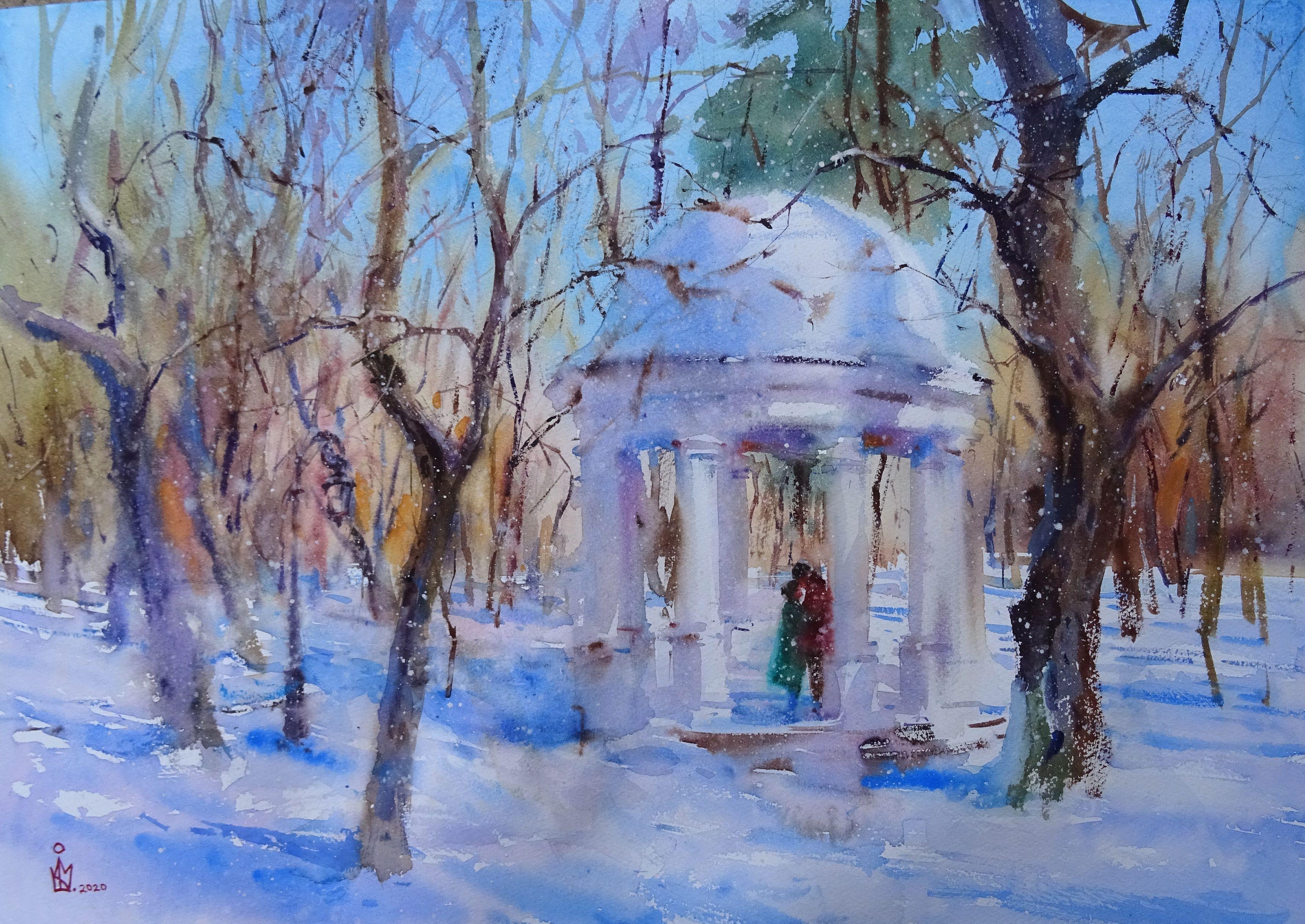 « Grendézvous », peinture, aquarelle sur papier aquarelle - Art de Maksym Kisilov