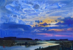 ''Sunset over the river'', Painting, Watercolor on Paper