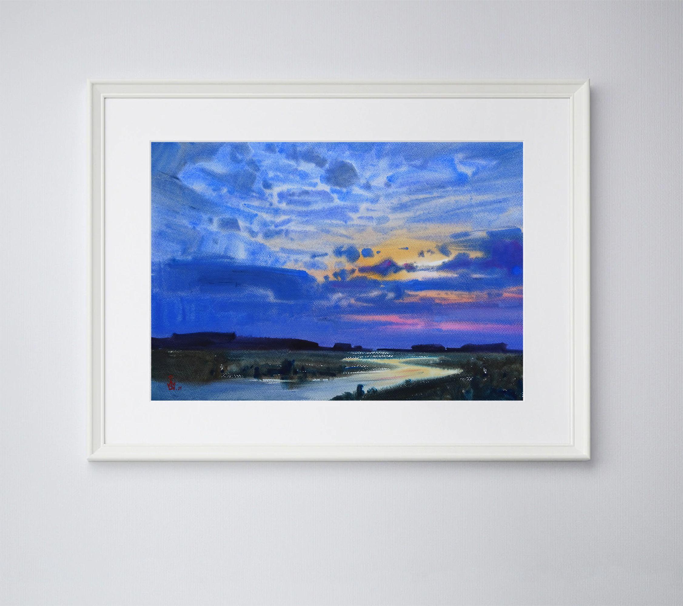 ''Tramonto sul fiume'', Pittura, Acquerello su carta - Art Impressionismo di Maksym Kisilov