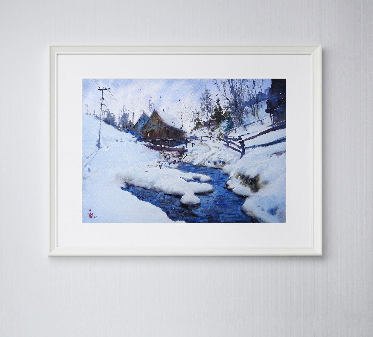 ''Winter stream'', Painting, Watercolor on Paper - Impressionist Art by Maksym Kisilov