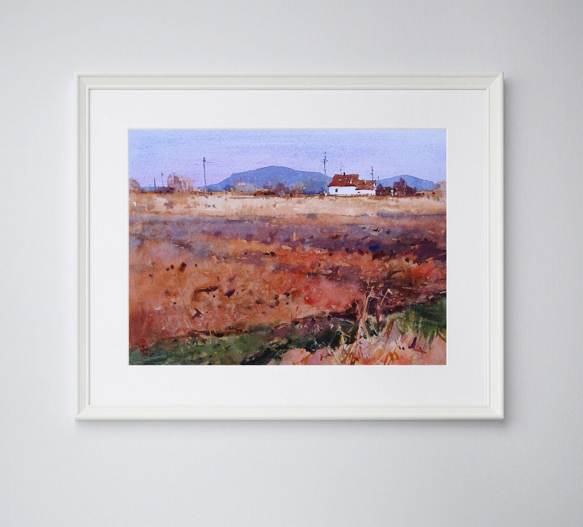 ''There is a hut behind the village'', Painting, Watercolor on Paper - Impressionist Art by Maksym Kisilov