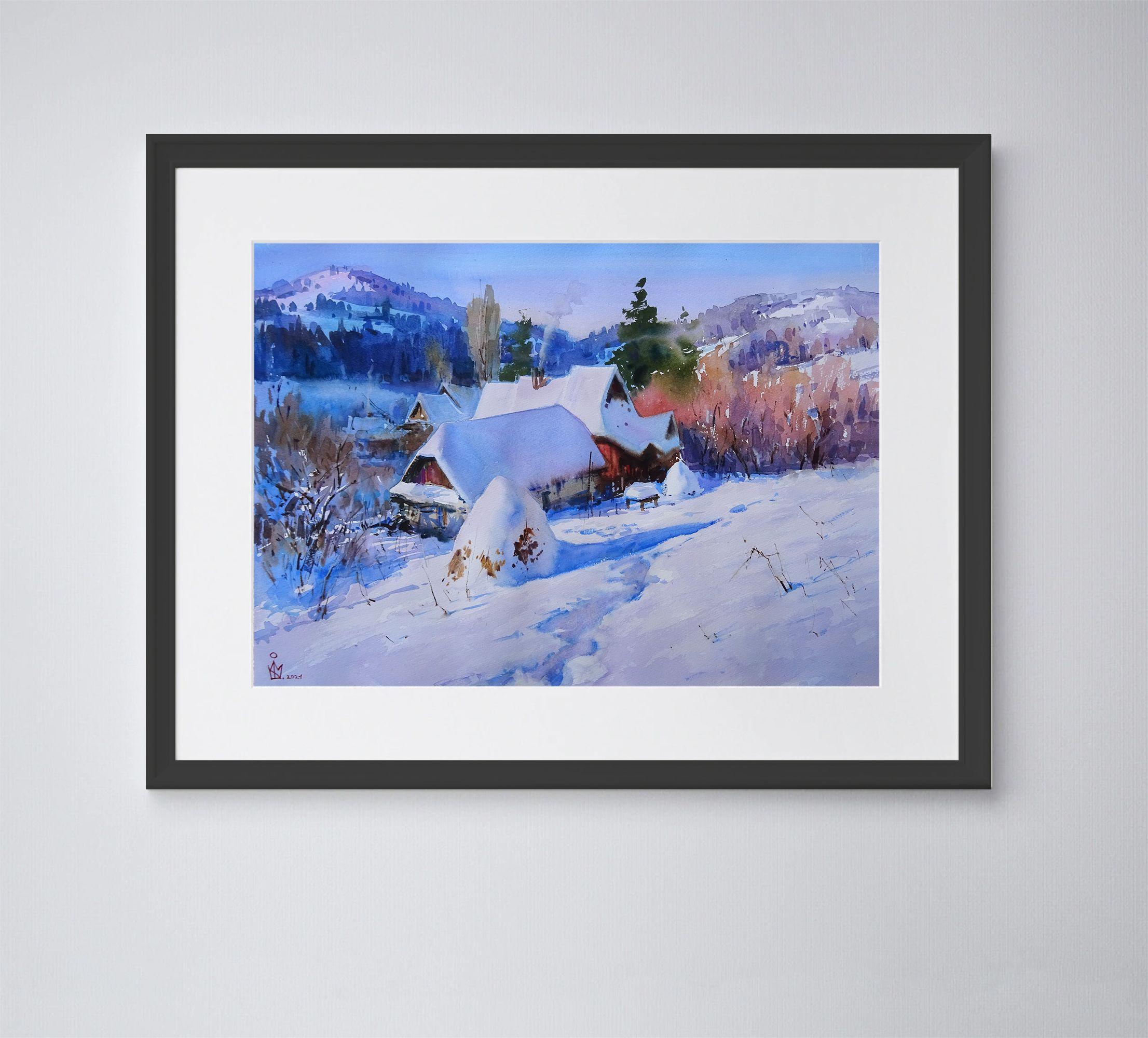 ''Snowy'', Painting, Watercolor on Paper - Impressionist Art by Maksym Kisilov