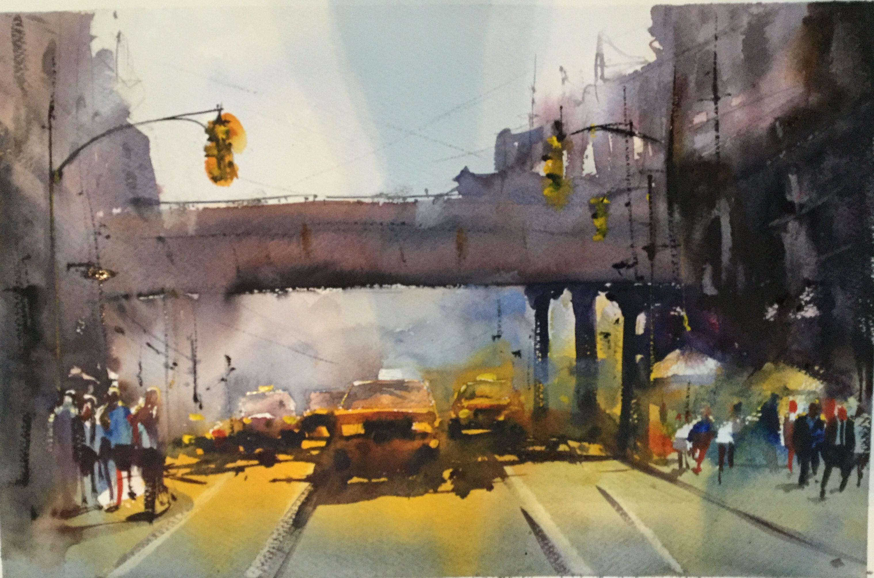 Gelbes Taxi, Gemälde, Aquarell auf Papier – Art von Robert Nardolillo