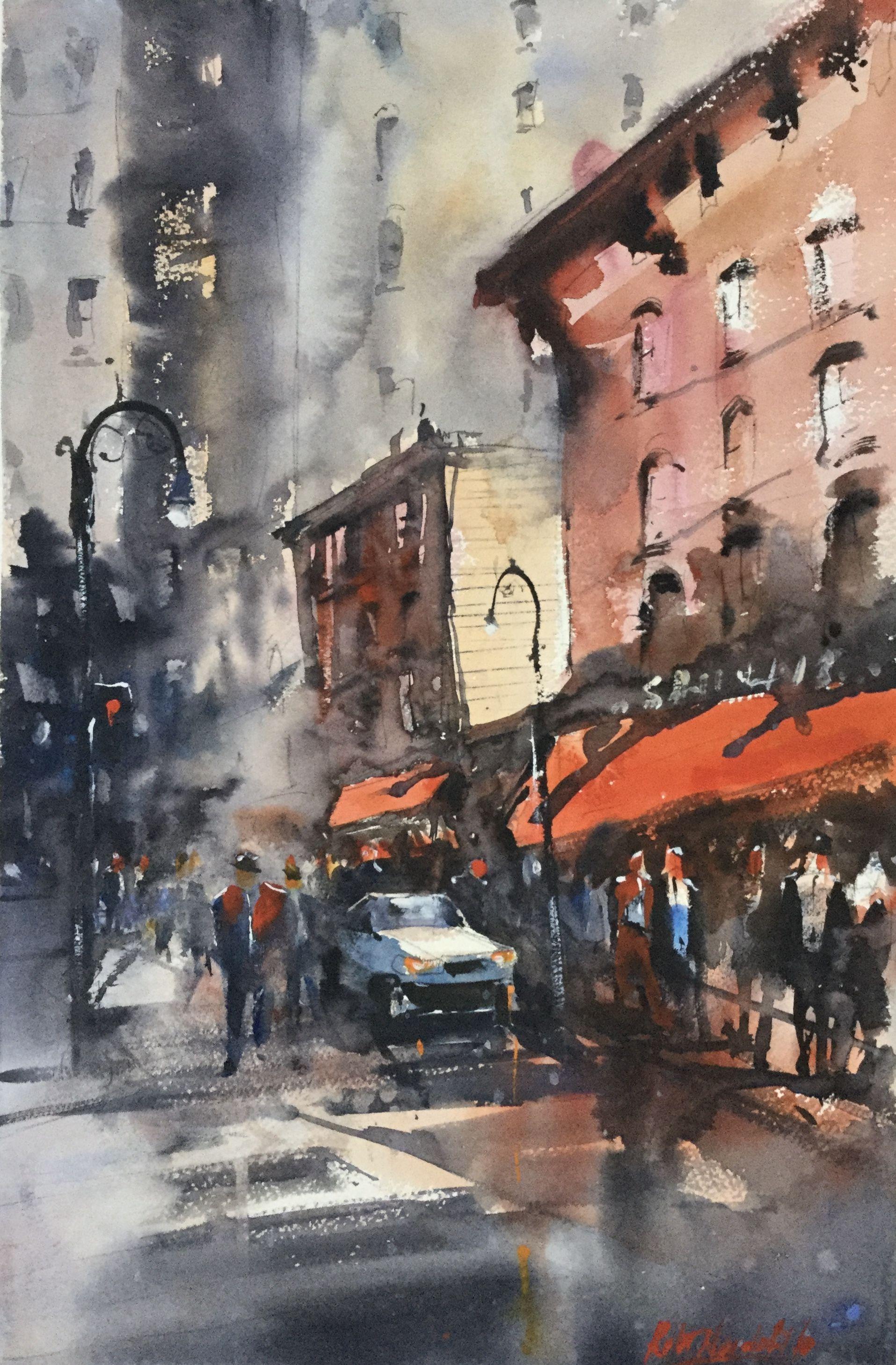 El pueblo, Pintura, Acuarela sobre papel - Art de Robert Nardolillo