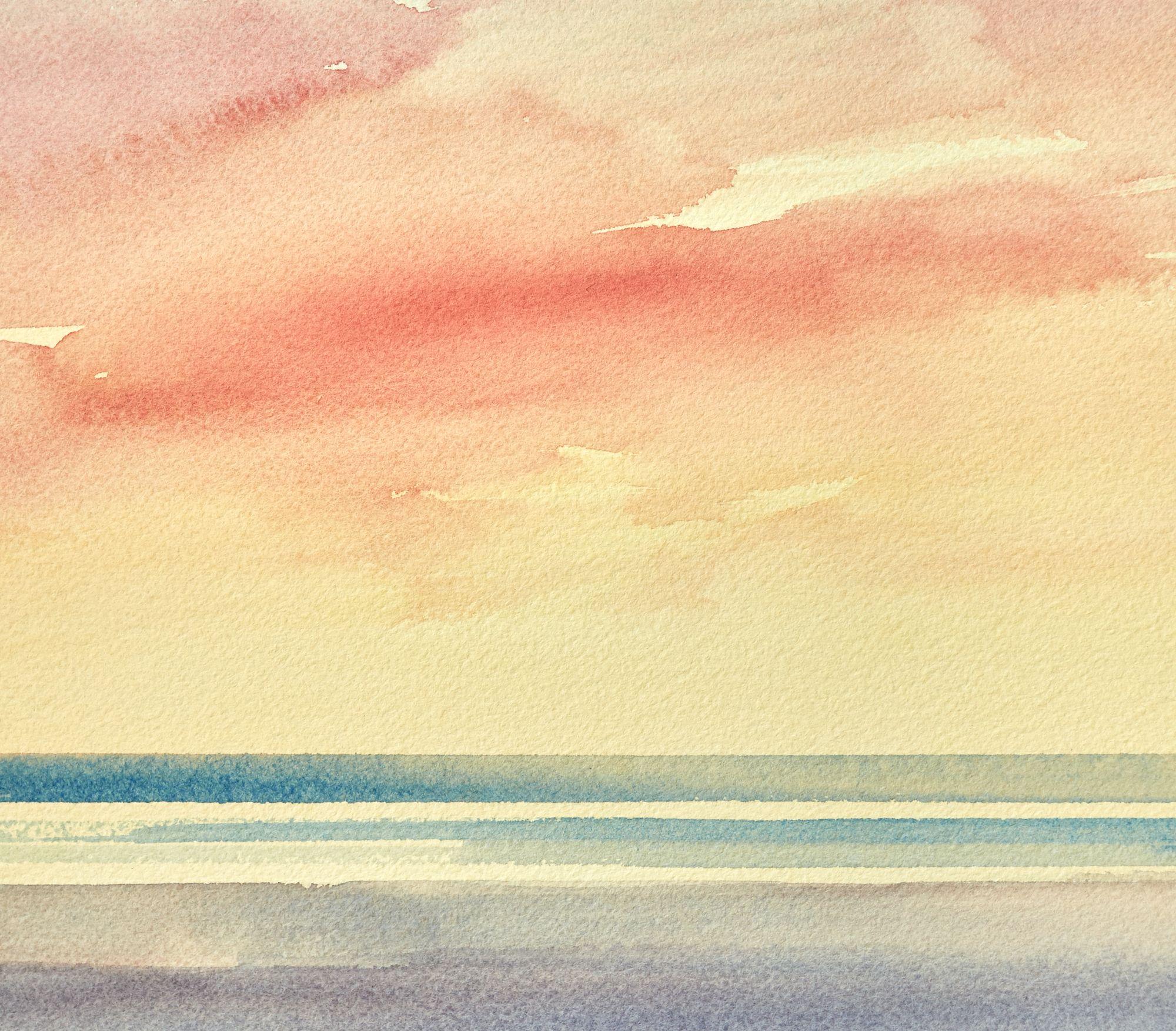 Inspirada en el bello y rico crepúsculo sobre el mar abierto de la playa de St Annes-on-sea, en Lancashire, Inglaterra. El sol poniente crea una hermosa luz amarilla sobre la orilla con nubes teñidas de colores rojo rosado. Sientes una maravillosa