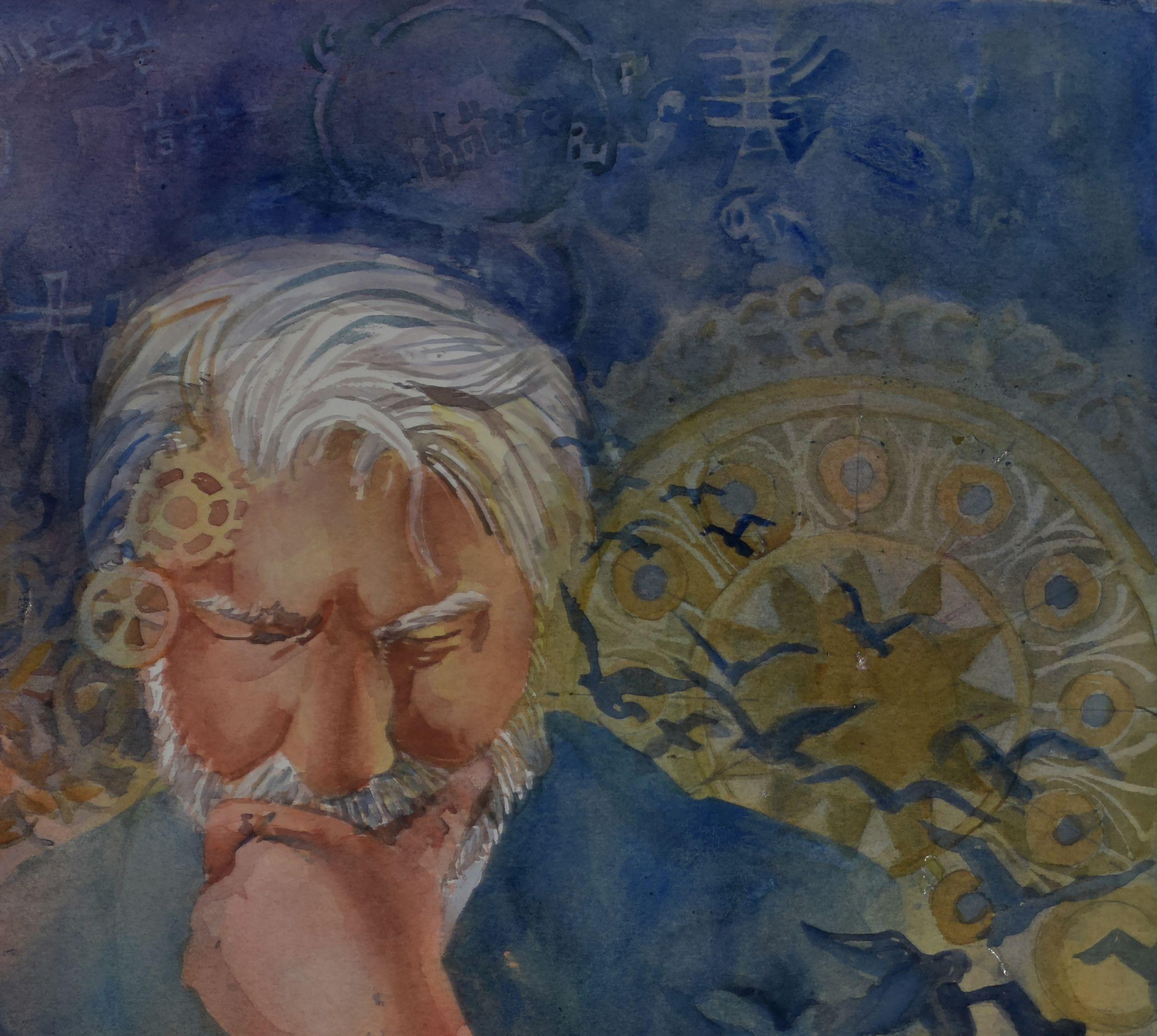 In my painting the alchemist emerges as a symbol of human curiosity and the relentless quest for understanding, inspiring all who behold his mystical laboratory to explore the unknown. He is portrayed as a conduit between the realms of science and