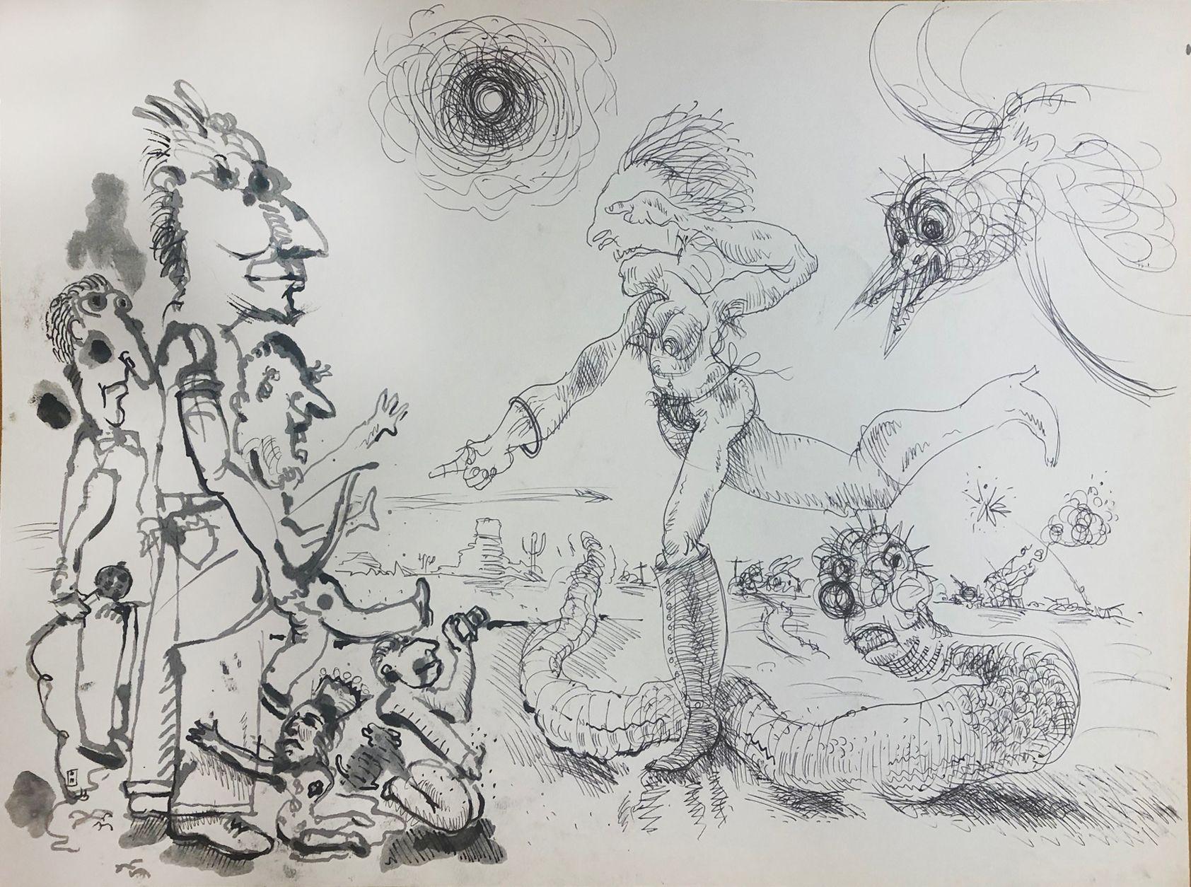 Kulture Klash, Disegno, penna e inchiostro su carta acquerellata - Art di Edward Zelinsky