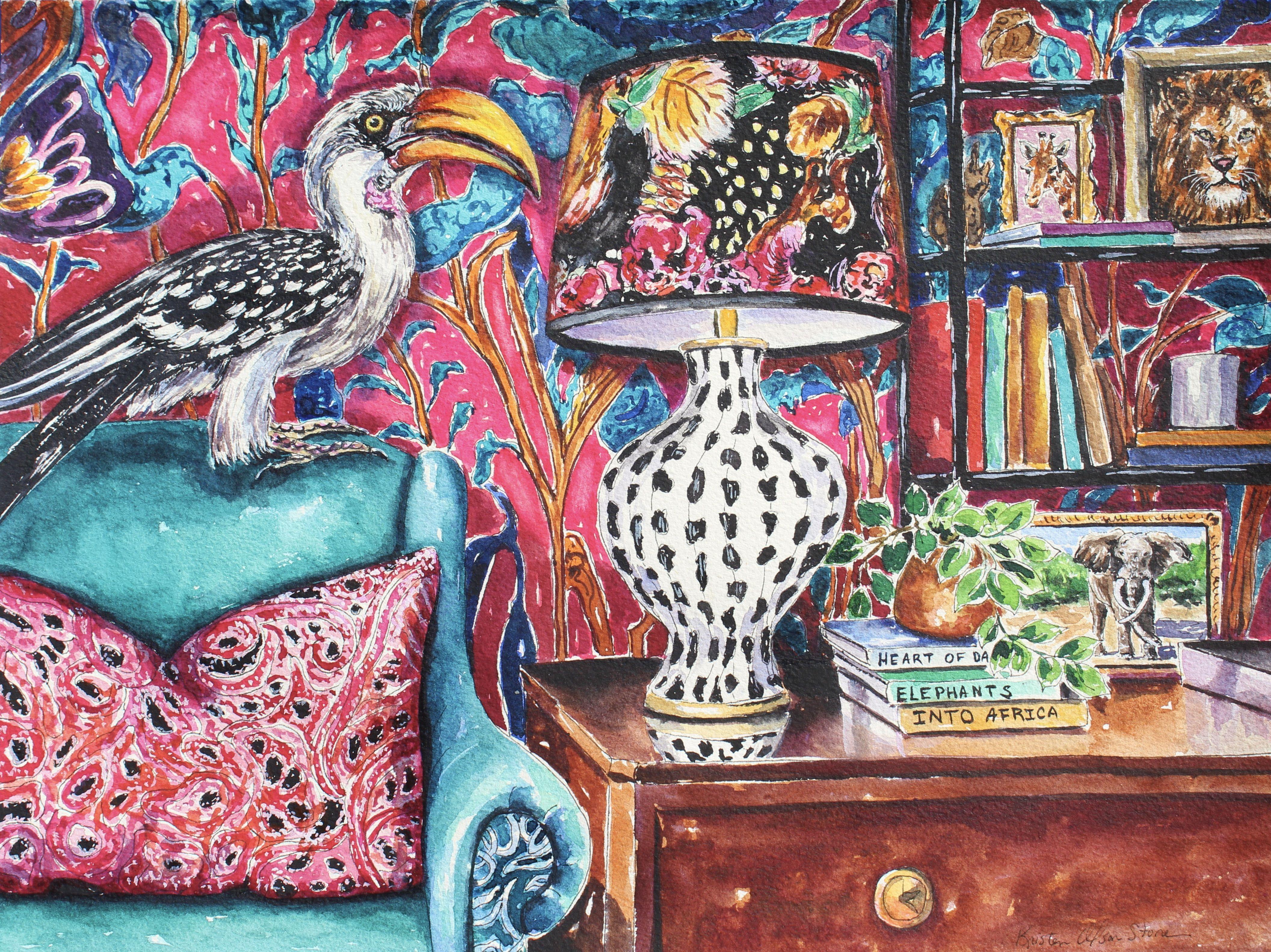 Les histoires d'Afrique, peinture, aquarelle sur papier - Art de Kristen Olson Stone