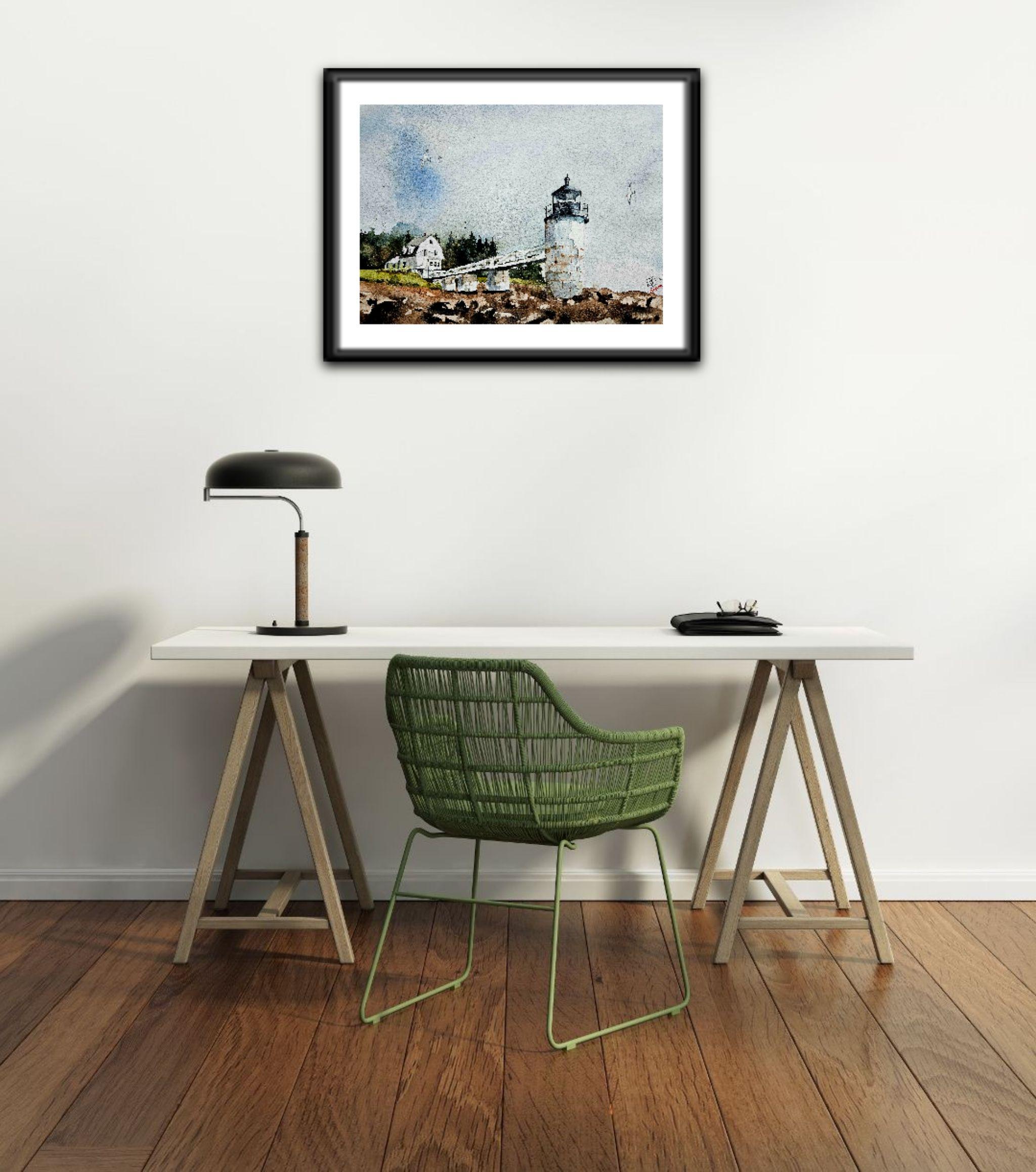 Maine Lighthouse, Painting, Watercolor on Watercolor Paper - Contemporary Art by Jim Lagasse