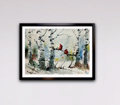 Winter Cardinals, Painting, Watercolor on Watercolor Paper