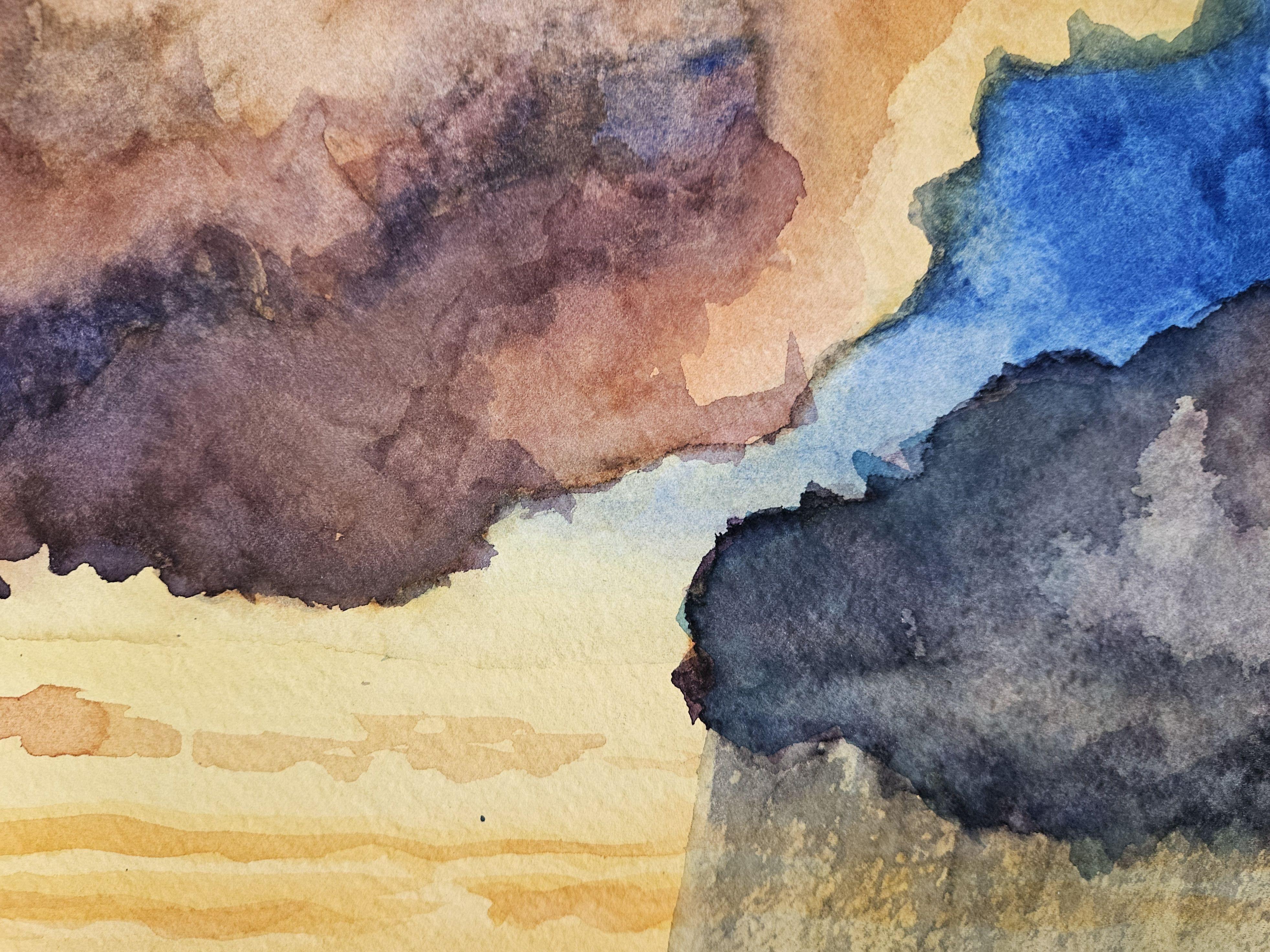 This watercolor is a brilliant sunset looking across the Gulf of Mexico from Lido Beach in Sarasota, Fl  Vibrant hues of orange, blue, purple, gray, yellow and red make this image pop. :: Painting :: Realism :: This piece comes with an official