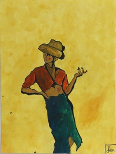 Woman with Hat, Painting, Watercolor on Watercolor Paper
