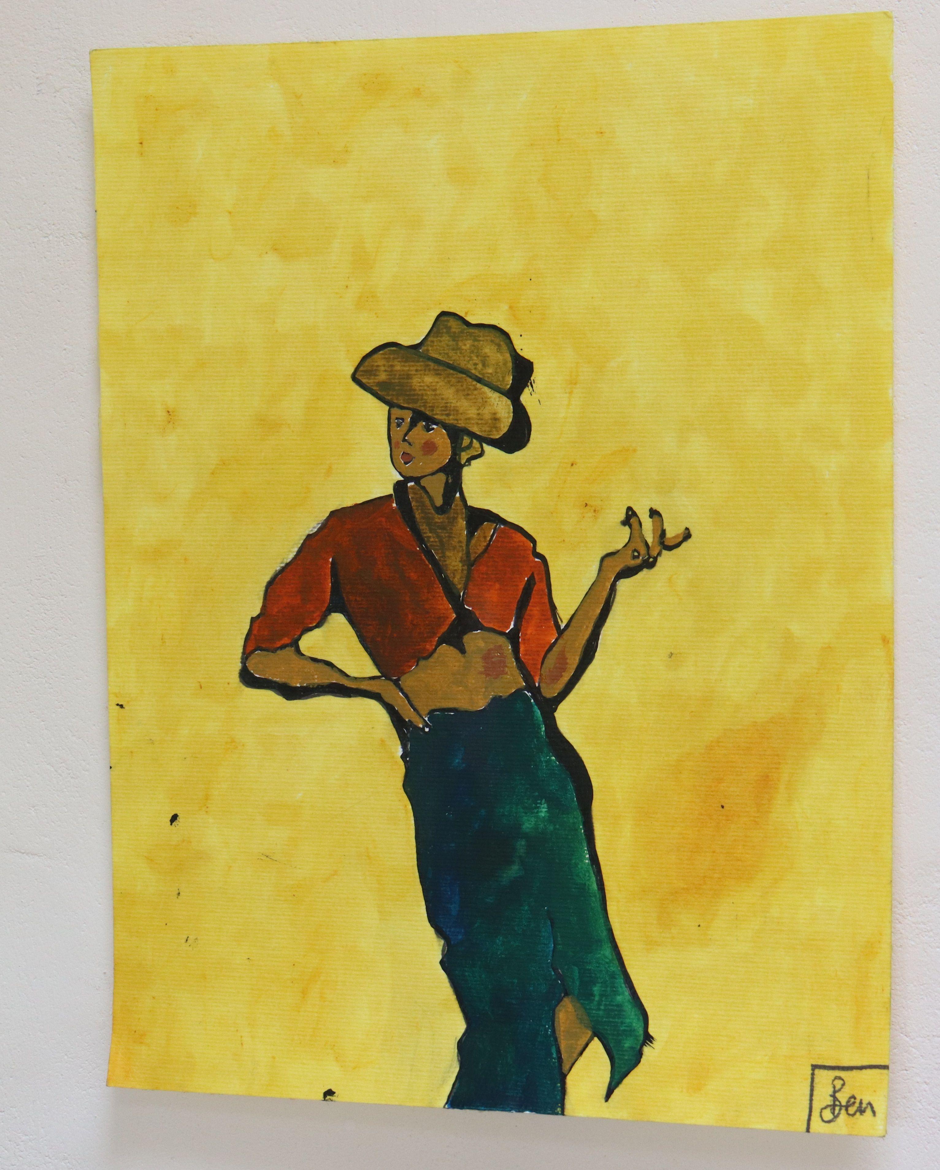 Woman with Hat, Painting, Watercolor on Watercolor Paper For Sale 1