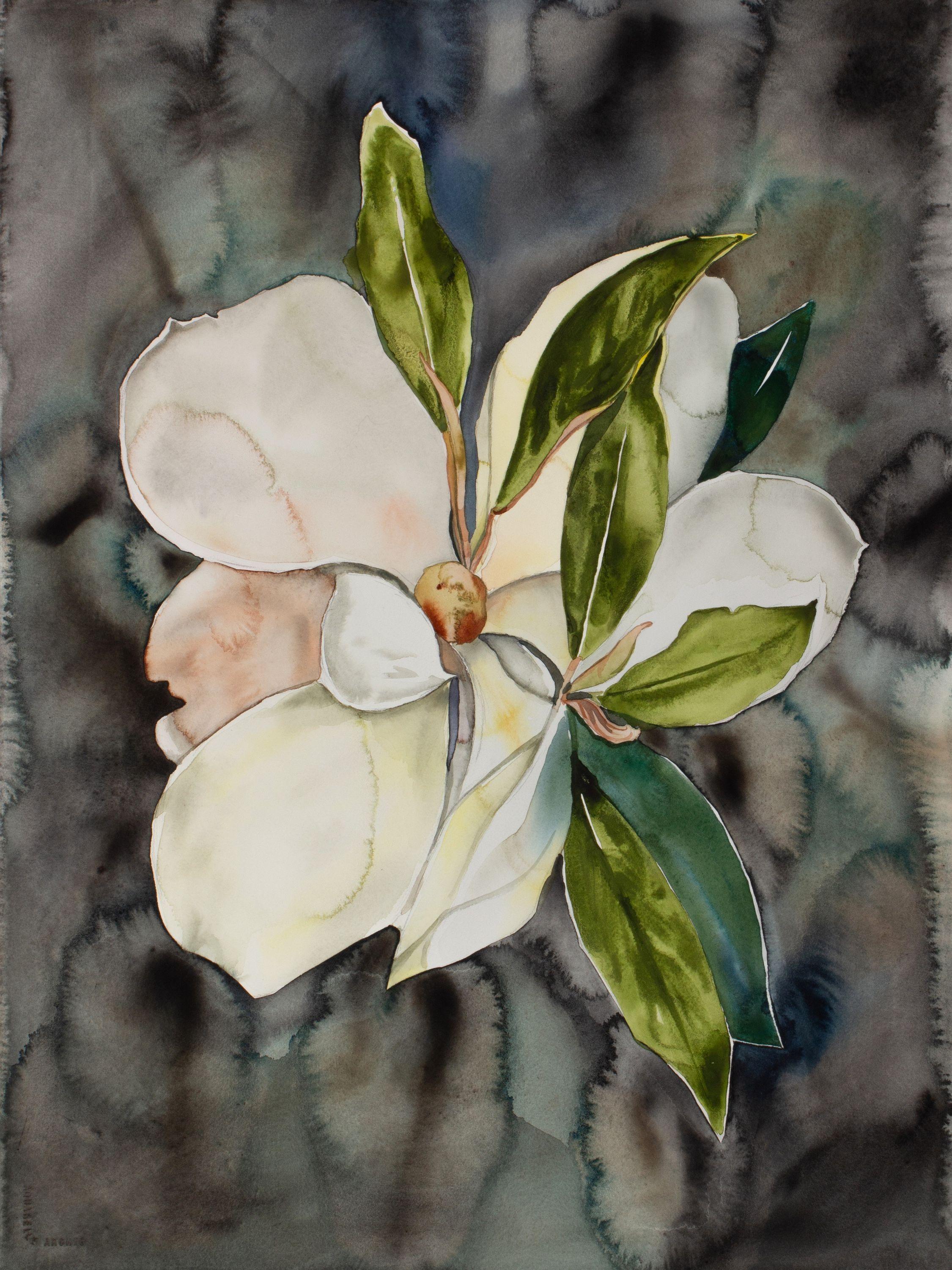 Magnolienstudie Nr. 7, Gemälde, Aquarell auf Papier – Art von Elizabeth Becker