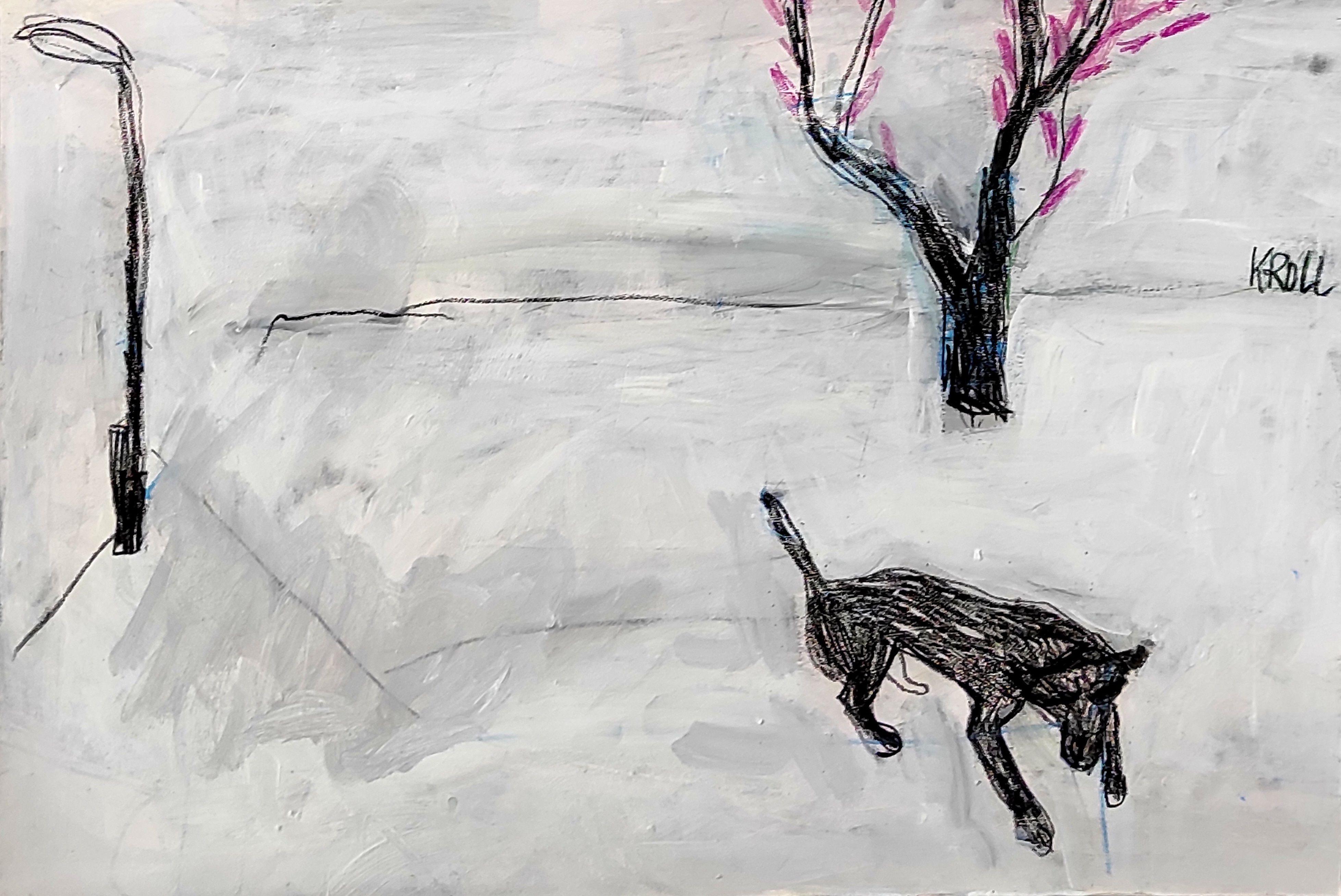 Schwarzer Hund, Zeichnung, Bleistift/Colorierter Bleistift auf Papier