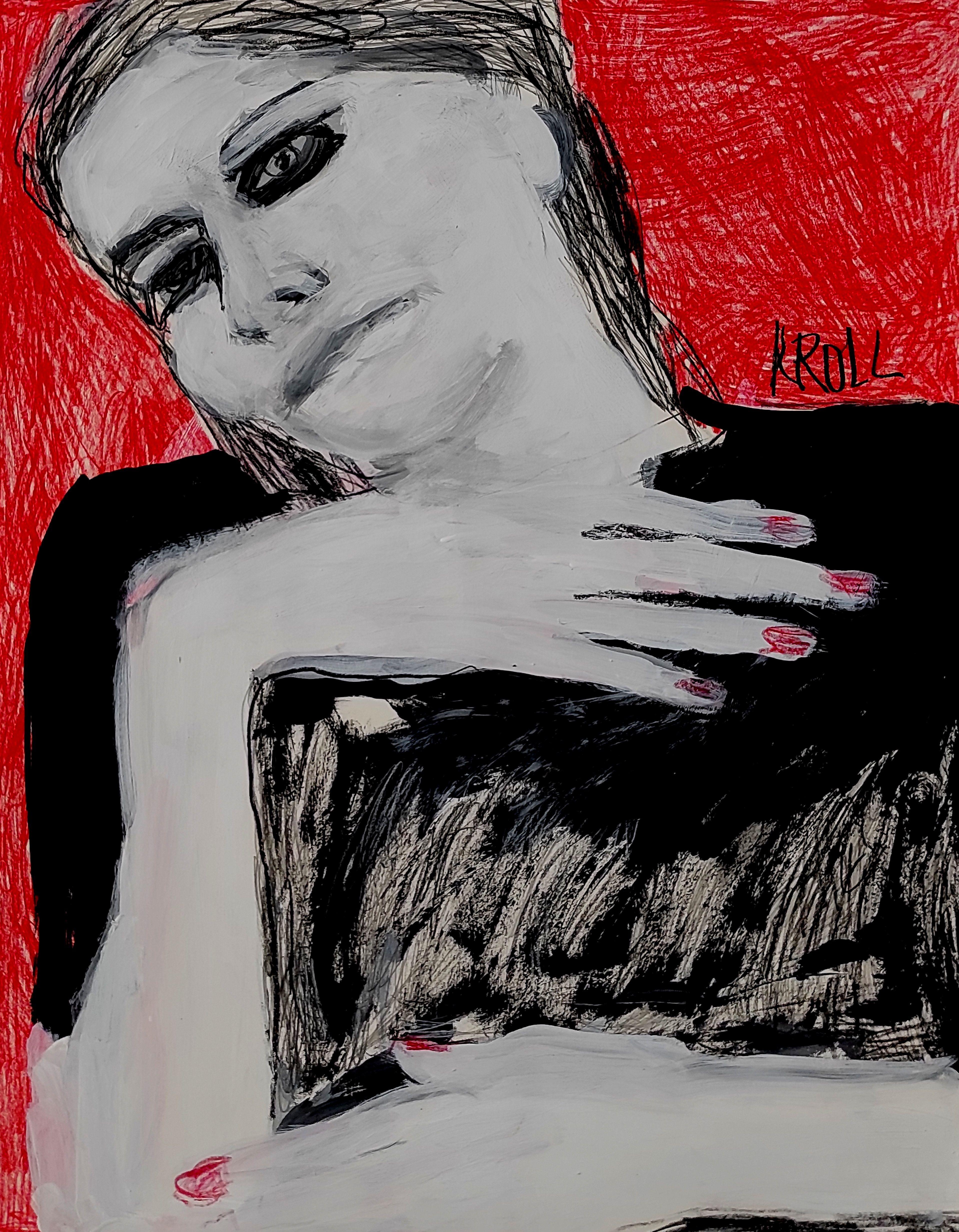 Portrait with hand on chest, Drawing, Pencil/Colored Pencil on Paper - Art by Barbara Kroll