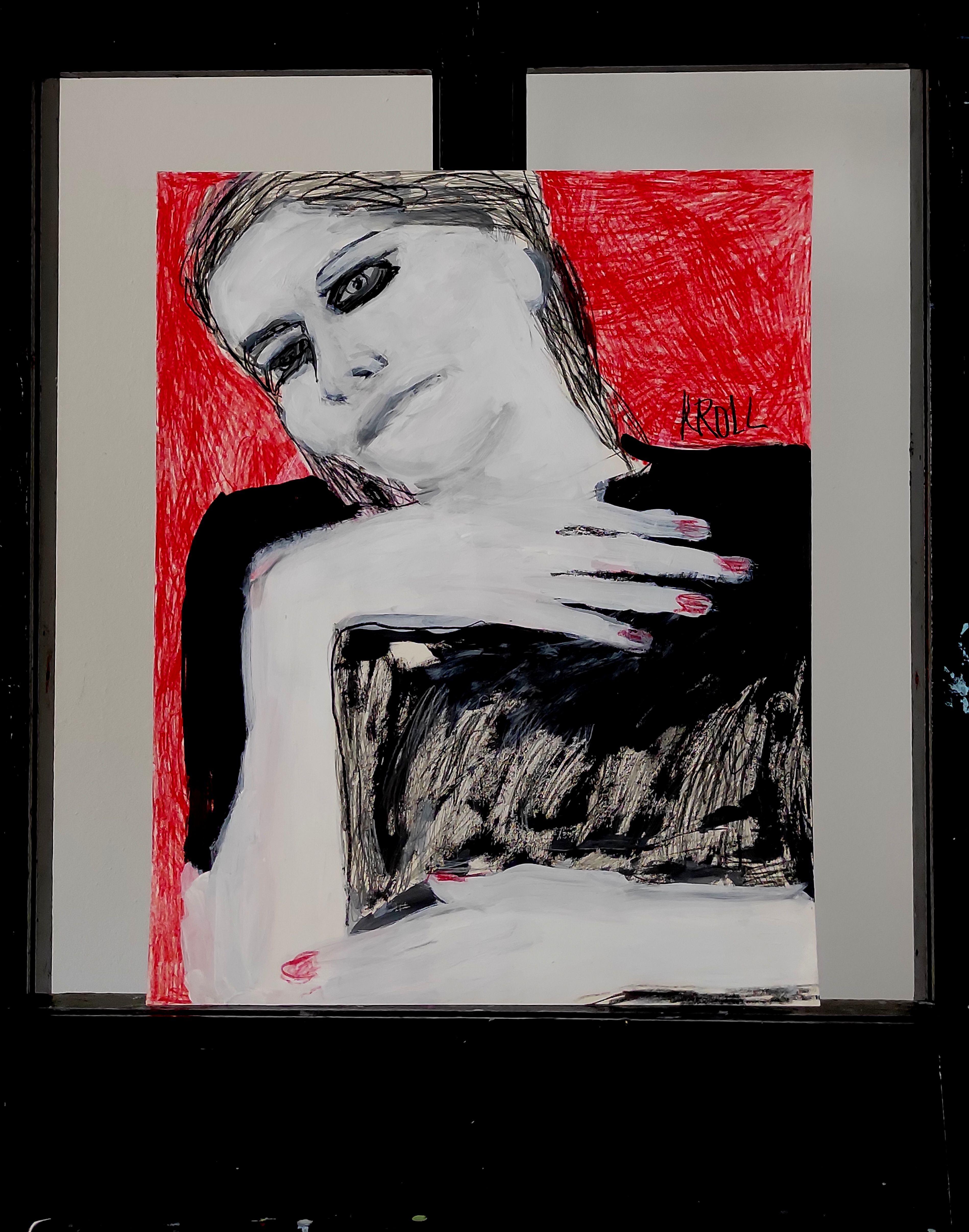 Portrait with hand on chest, Drawing, Pencil/Colored Pencil on Paper - Expressionist Art by Barbara Kroll