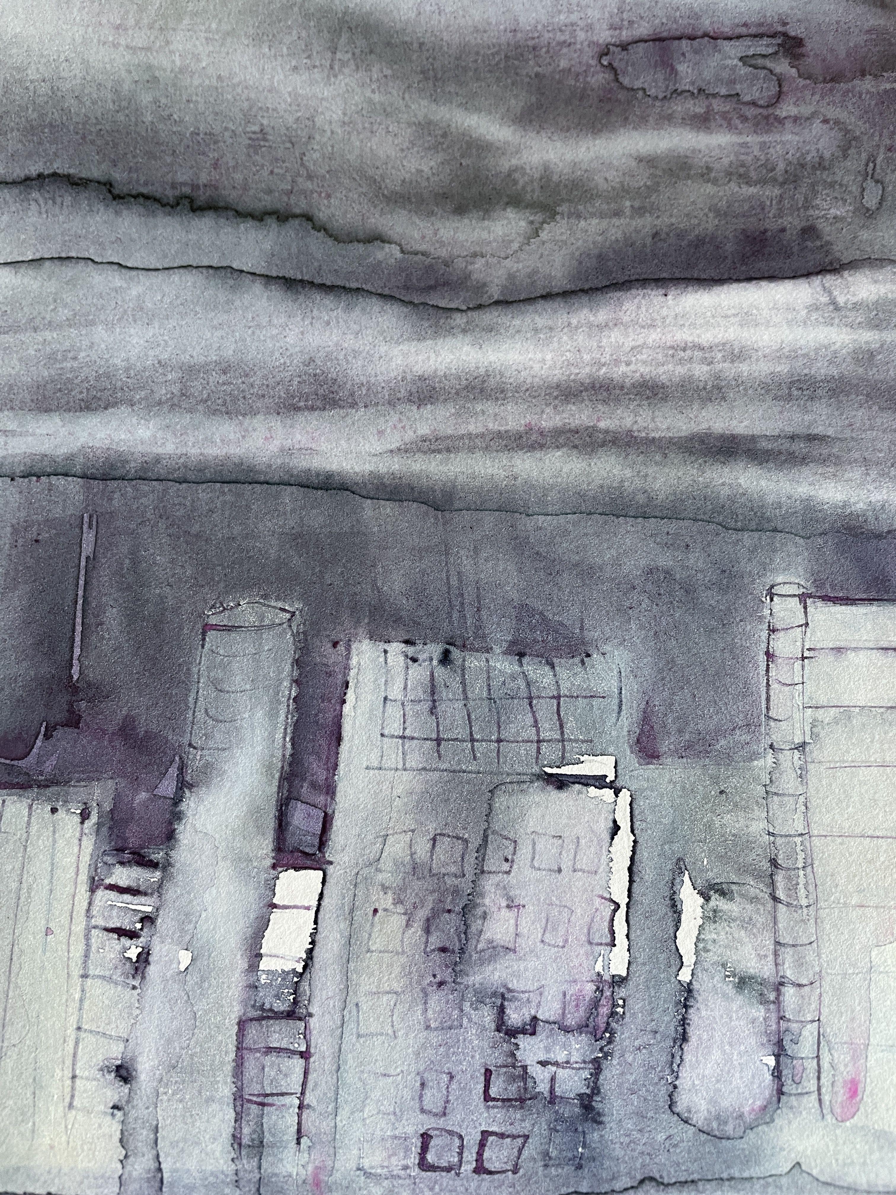 Dieses besondere Aquarell erkundet Vorstadtatmosphären und Farbschemata.     Wasserzeichen und Linien, Kratzer und andere Aquarelleffekte sind wichtig für meine Arbeit und faszinieren mich immer wieder.   Dieses Gemälde würde sich über einen Rahmen