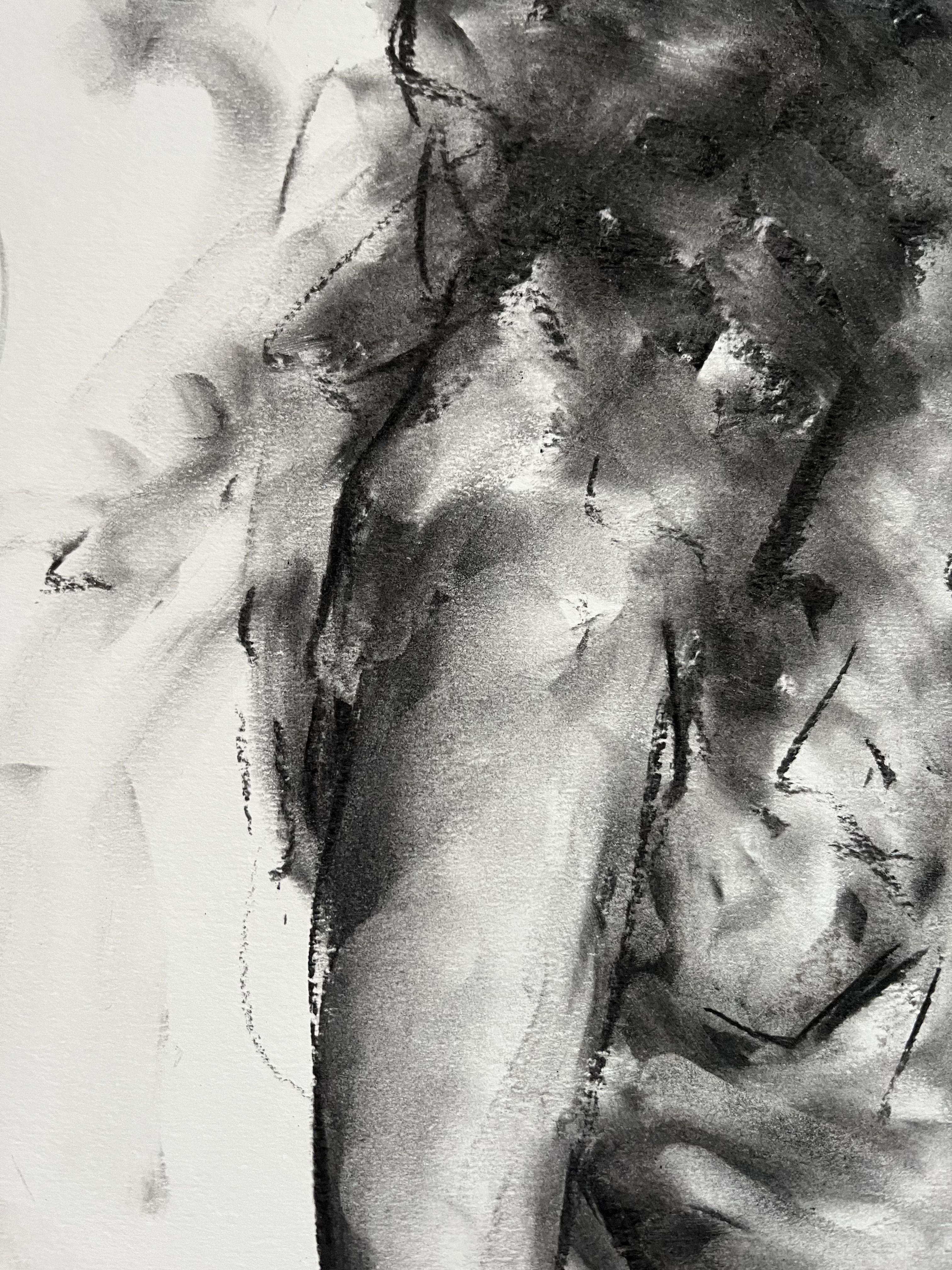 Dibujo original al carboncillo sobre papel de James Shipton  Mis obras están muy influidas por la obra de Degas y Gustav Klimt.    Mi deseo es captar la forma humana, retratando al mismo tiempo la emoción humana. Lo consigo mediante un proceso de