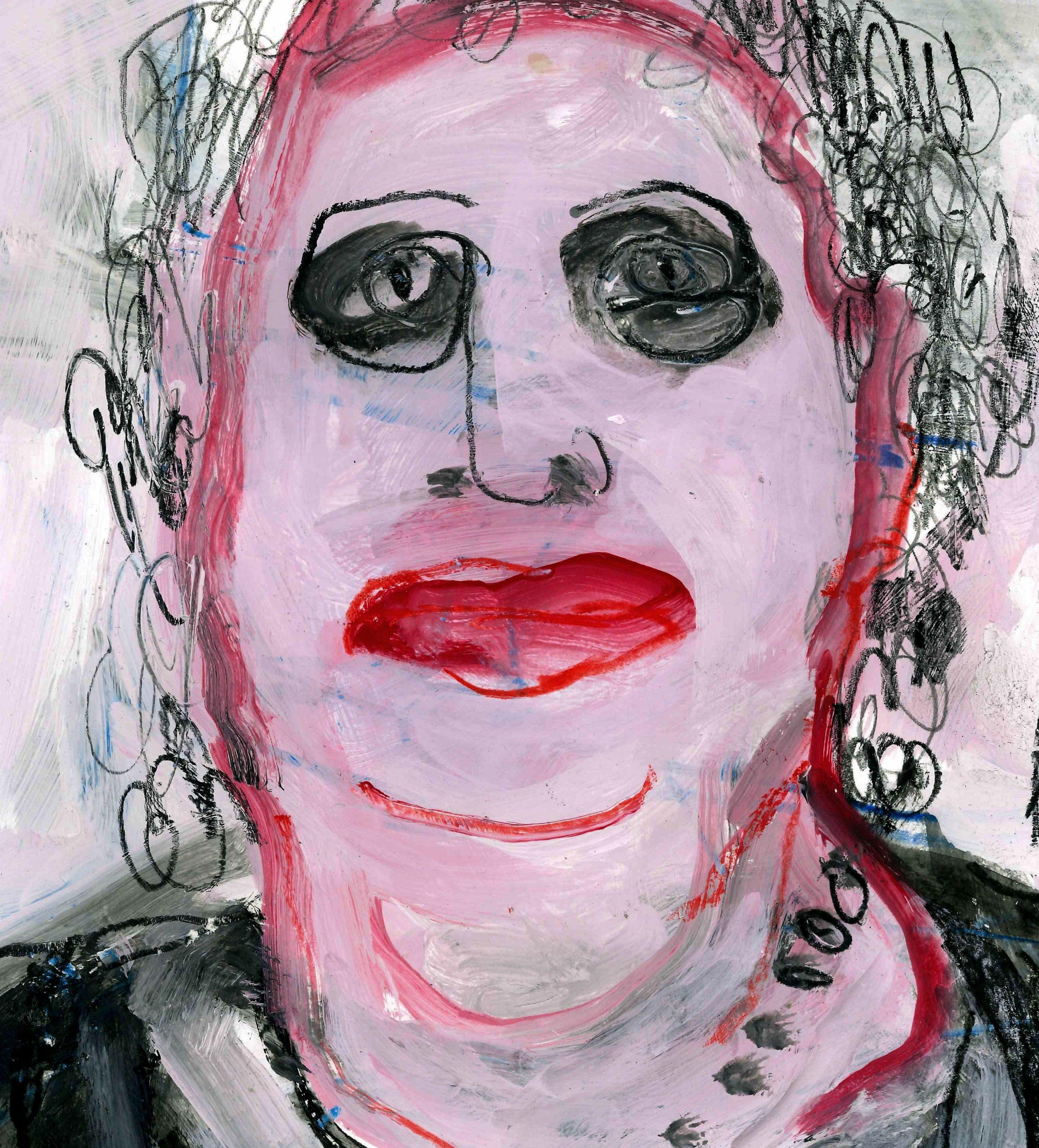 Woman with red face, Drawing, Pencil/Colored Pencil on Paper - Expressionist Art by Barbara Kroll