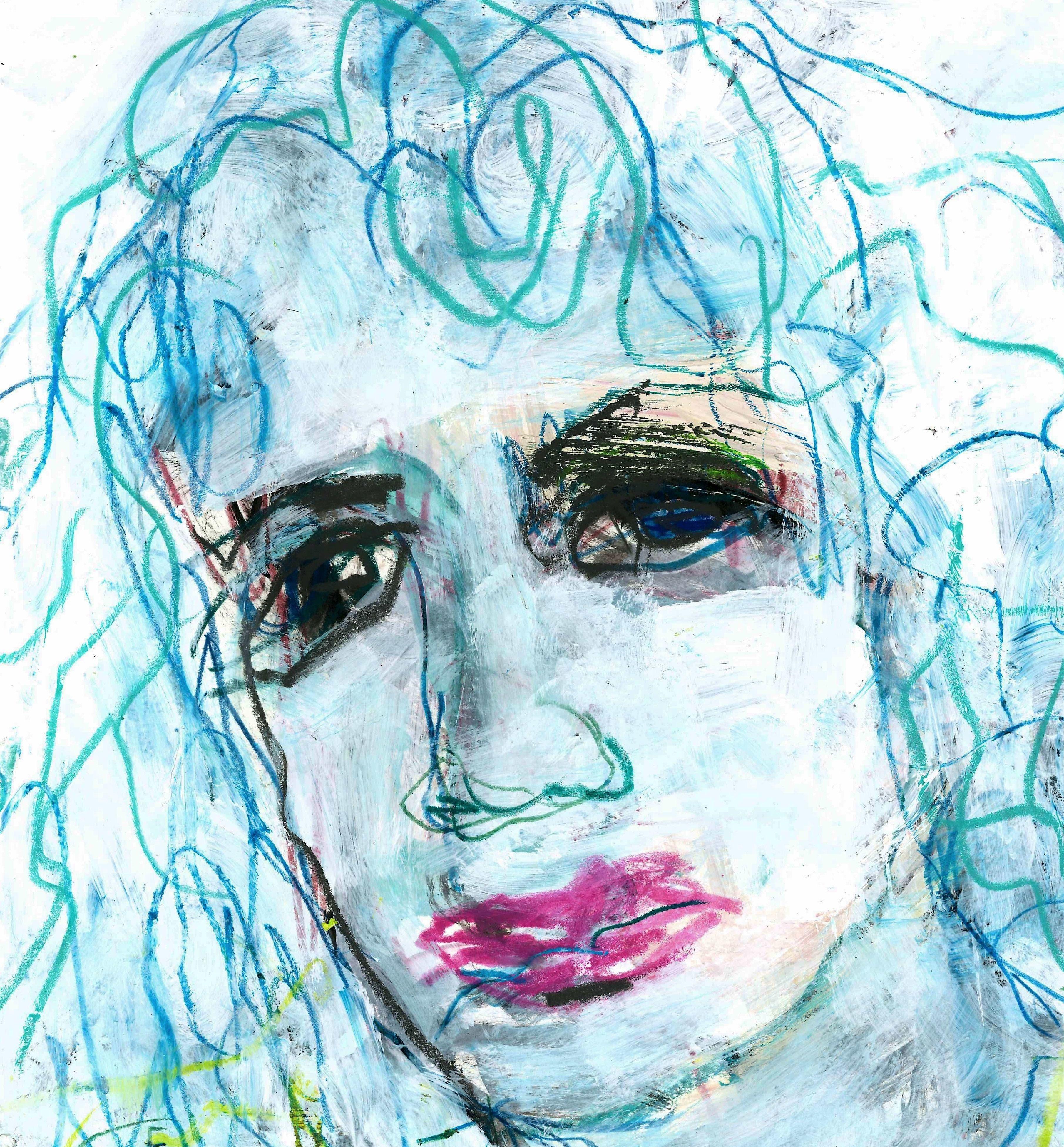 Girl with blue hair, Drawing, Pencil/Colored Pencil on Paper - Expressionist Art by Barbara Kroll
