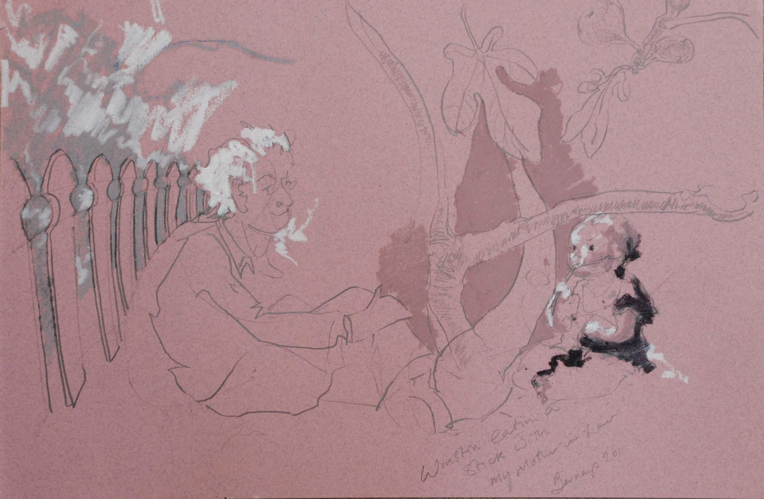 Winston Eating A Stick, dessinant, pastels sur papier - Art de Amy Bernays