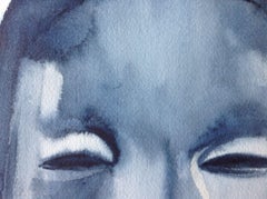 Masque indigo Noh, peinture, aquarelle sur papier