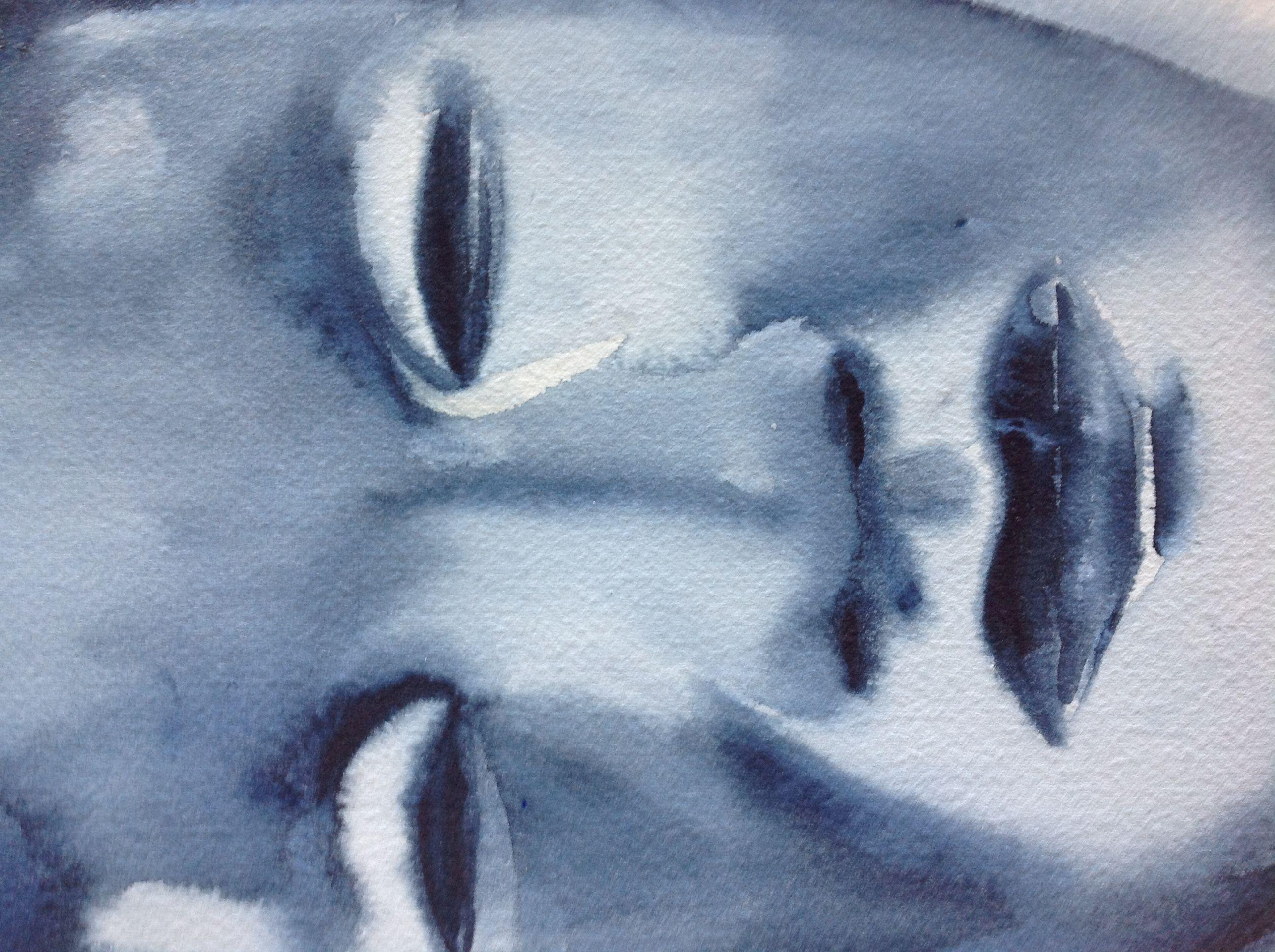 Máscara Noh Añil, Pintura, Acuarela sobre papel en venta 2
