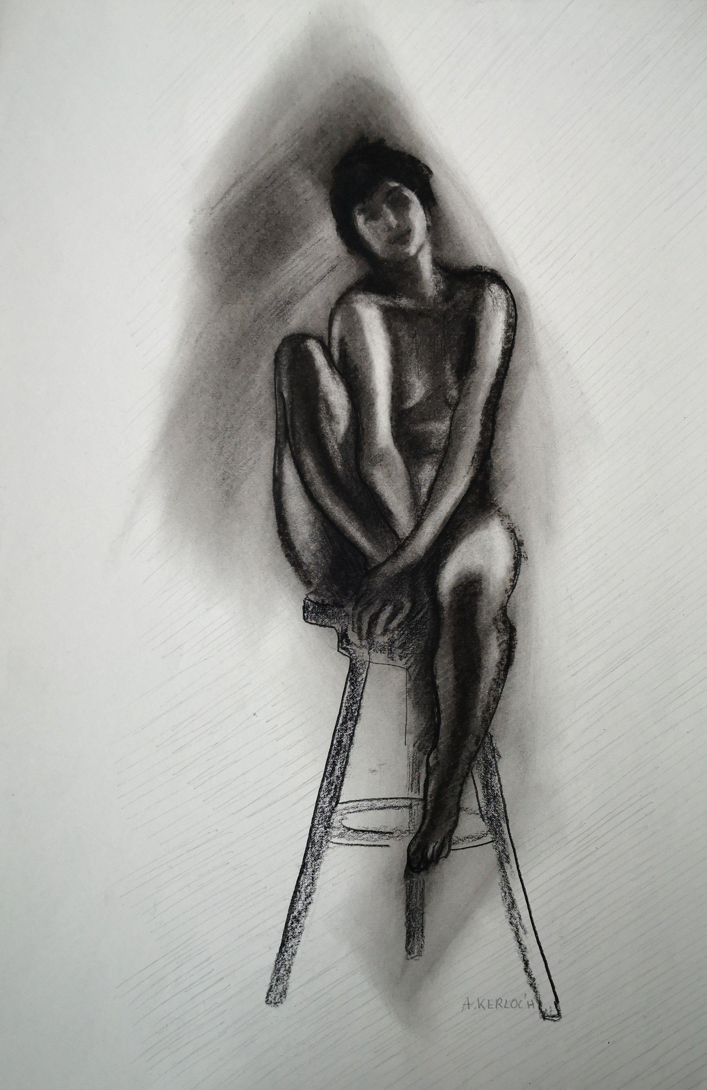 Girl on Stool, Drawing, Charcoal on Paper - Art by Anyck Alvarez Kerloch