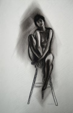 Girl on Stool, Drawing, Charcoal on Paper