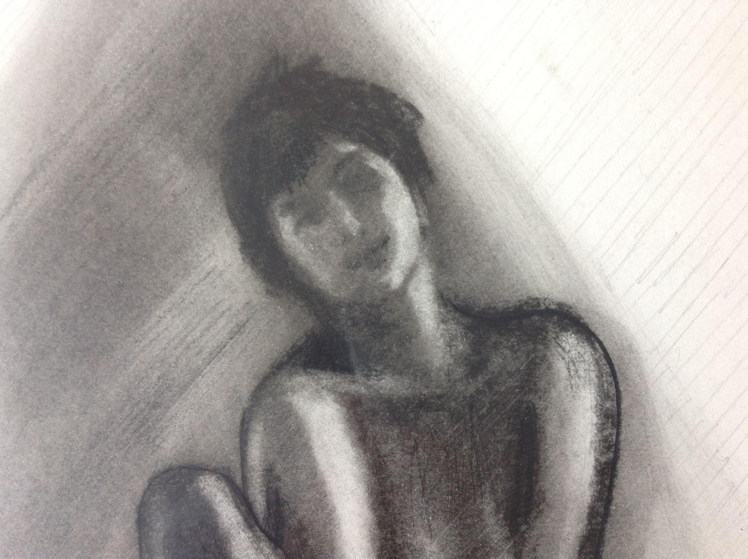 Charcoal drawing of a young woman sitting on a stool. Done during a session of quick poses with a live model. :: Drawing :: Impressionist :: This piece comes with an official certificate of authenticity signed by the artist :: Ready to Hang: No ::