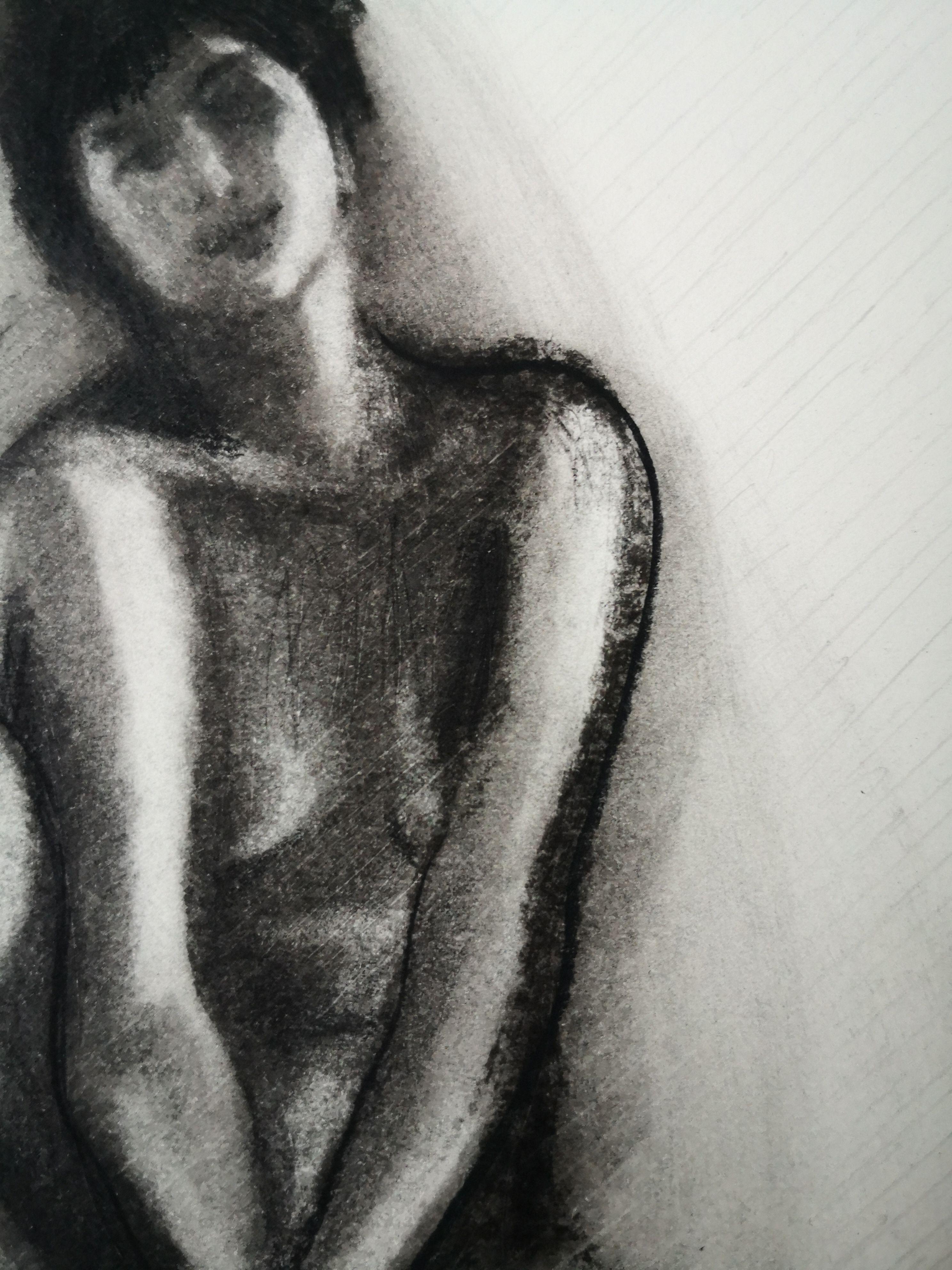 Girl on Stool, Drawing, Charcoal on Paper For Sale 1