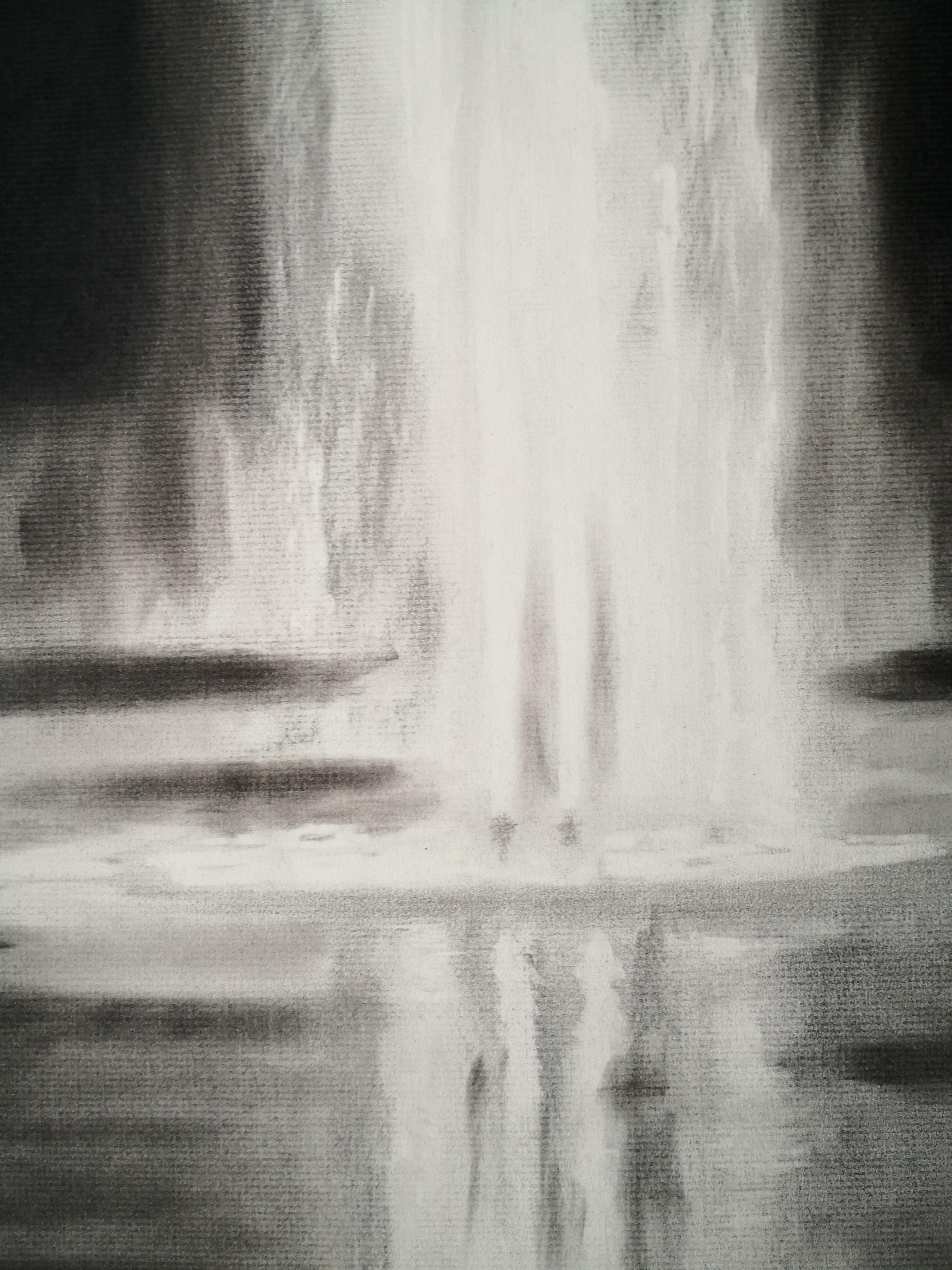 Charcoal on archival Ingres paper.  A fountain in a park. The charcoal used for its velvety blacks and soft lights. :: Drawing :: Contemporary :: This piece comes with an official certificate of authenticity signed by the artist :: Ready to Hang: No