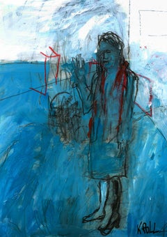 Femme en bleu, dessin, crayon/crayon coloré sur papier