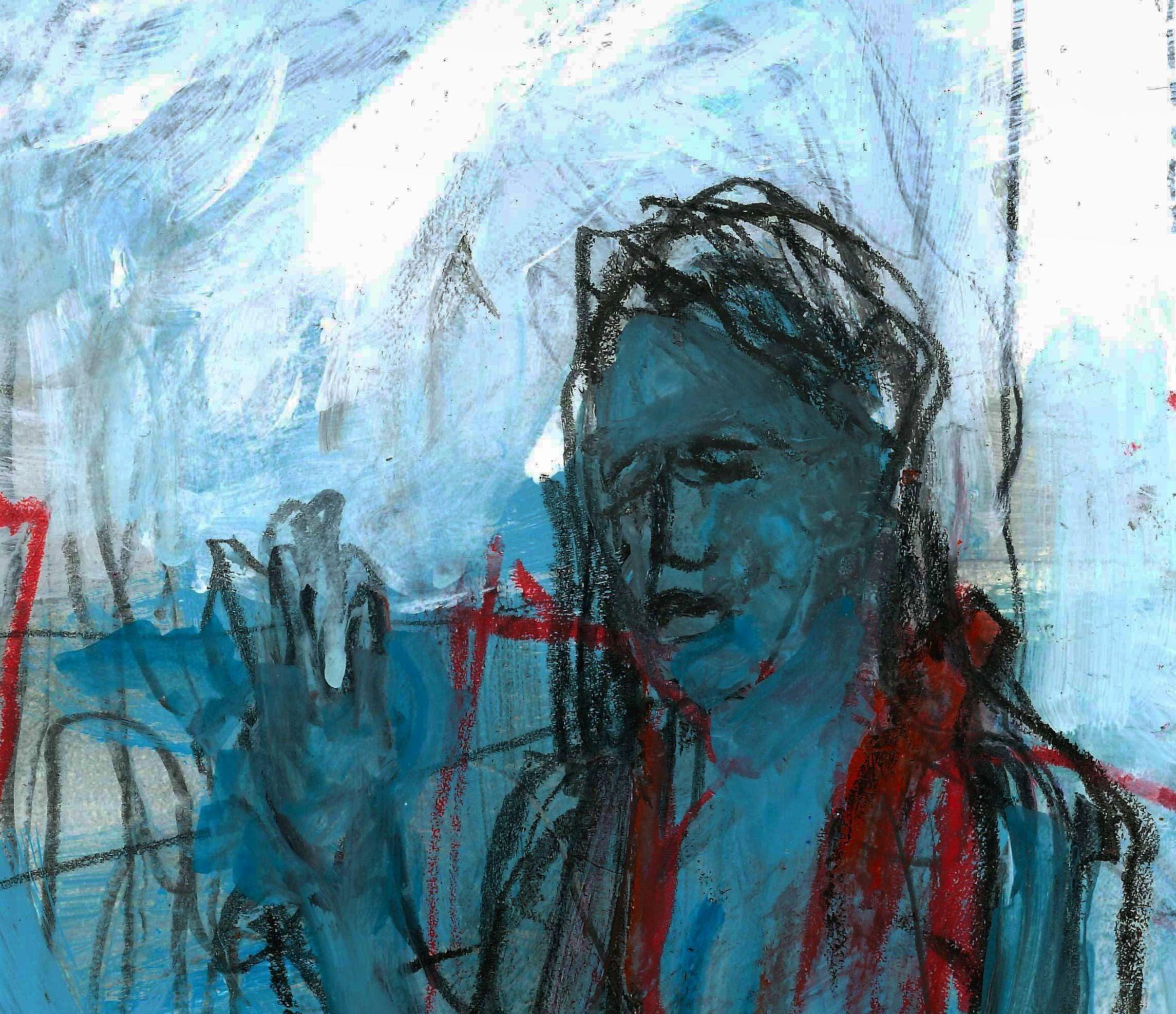 Donna in blu, Disegno, Matita/Matita colorata su carta - Art Espressionista di Barbara Kroll
