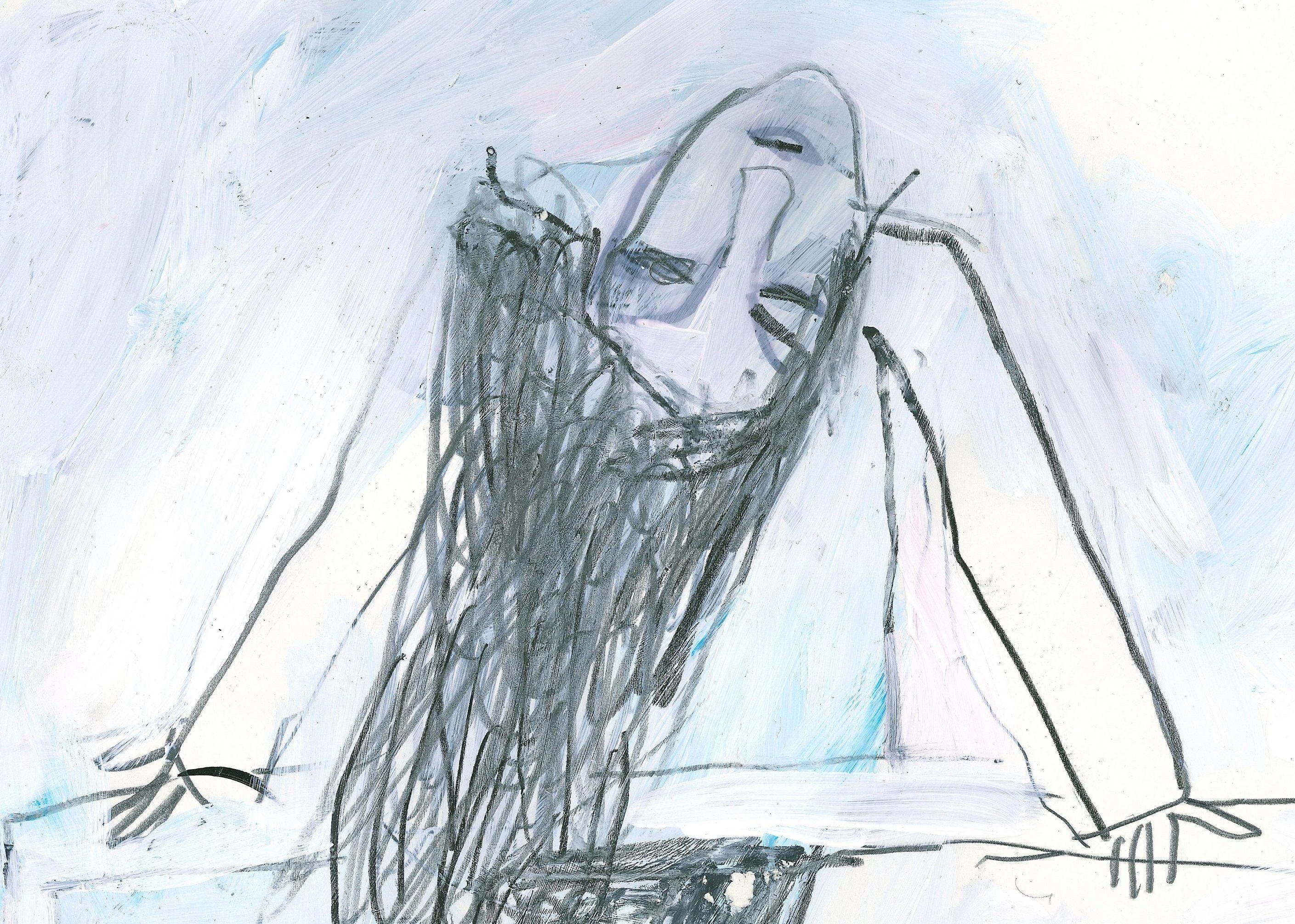 Ragazza che gioca, Disegno, Matita/matita colorata su carta - Art Espressionista di Barbara Kroll