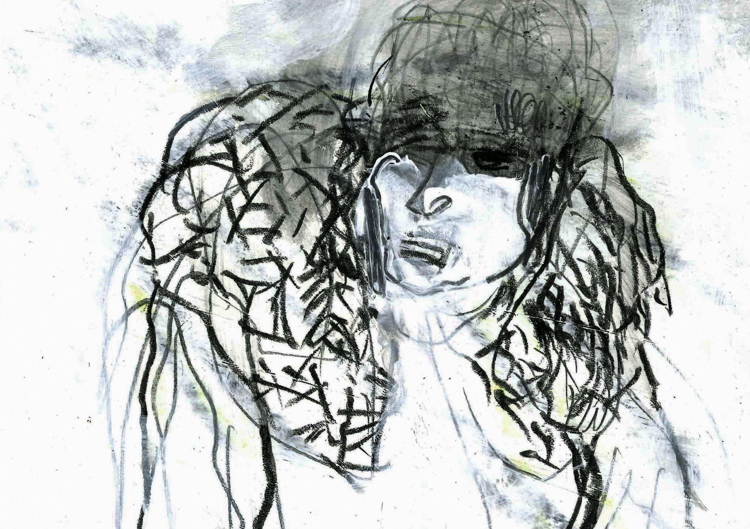 Sitzende Frau mit Beinen gekreuzt, Zeichnung, Bleistift/Farbstift auf Papier (Expressionismus), Art, von Barbara Kroll