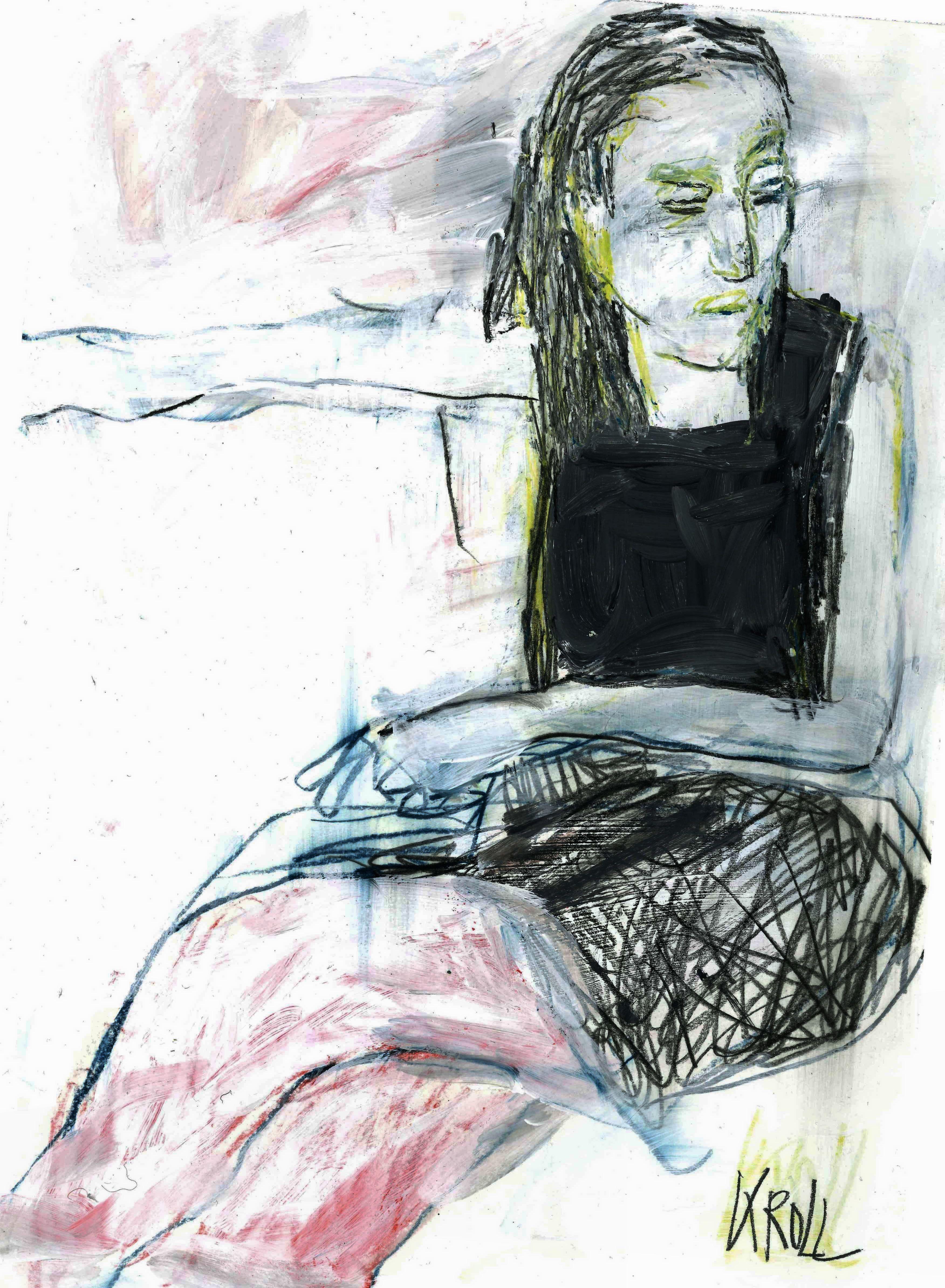 Donna seduta con gonna nera, Disegno, Matita/Matita colorata su carta