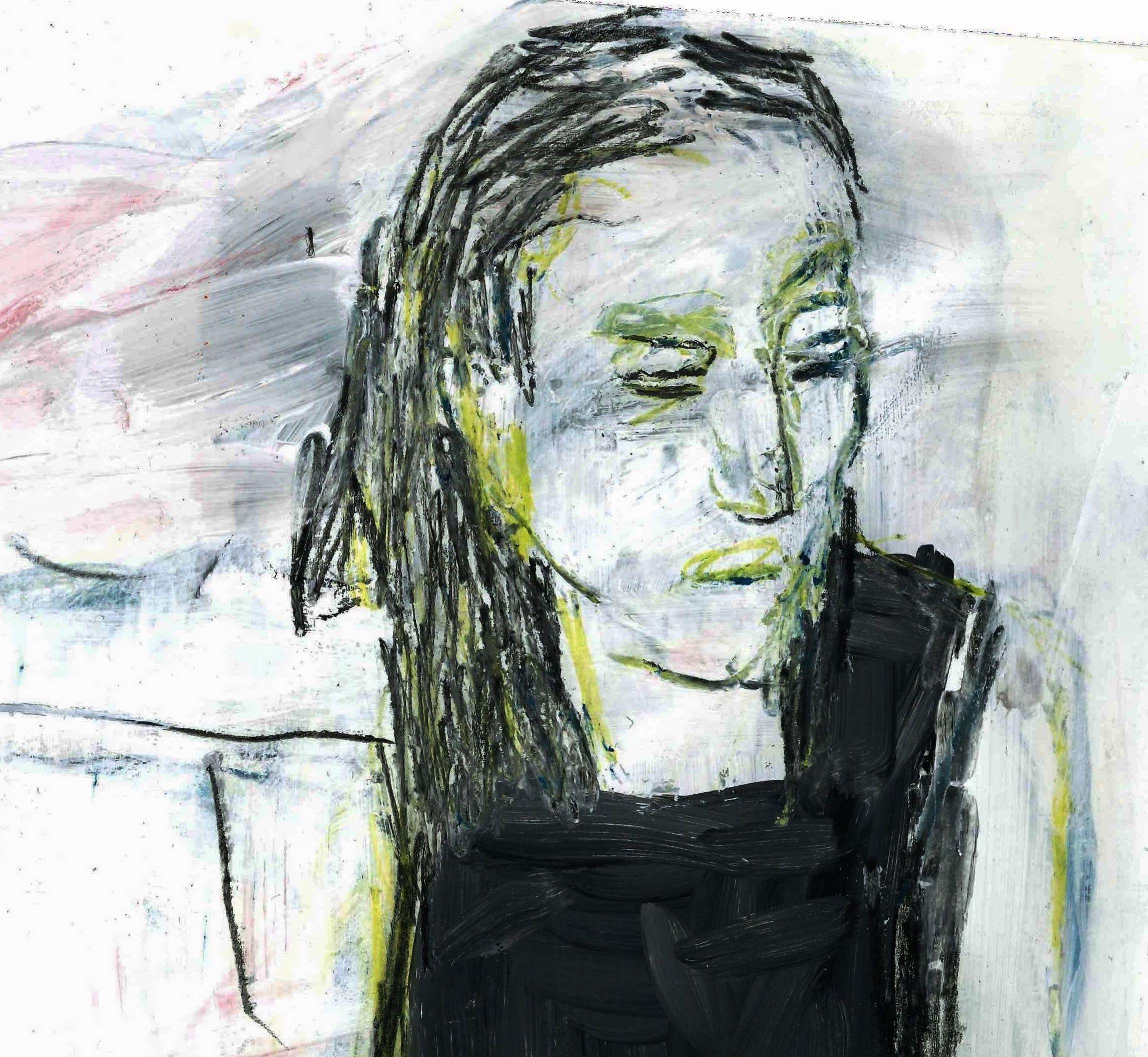 Sitzende Frau mit schwarzem Rock, Zeichnung, Bleistift/Farbstift auf Papier (Expressionismus), Art, von Barbara Kroll