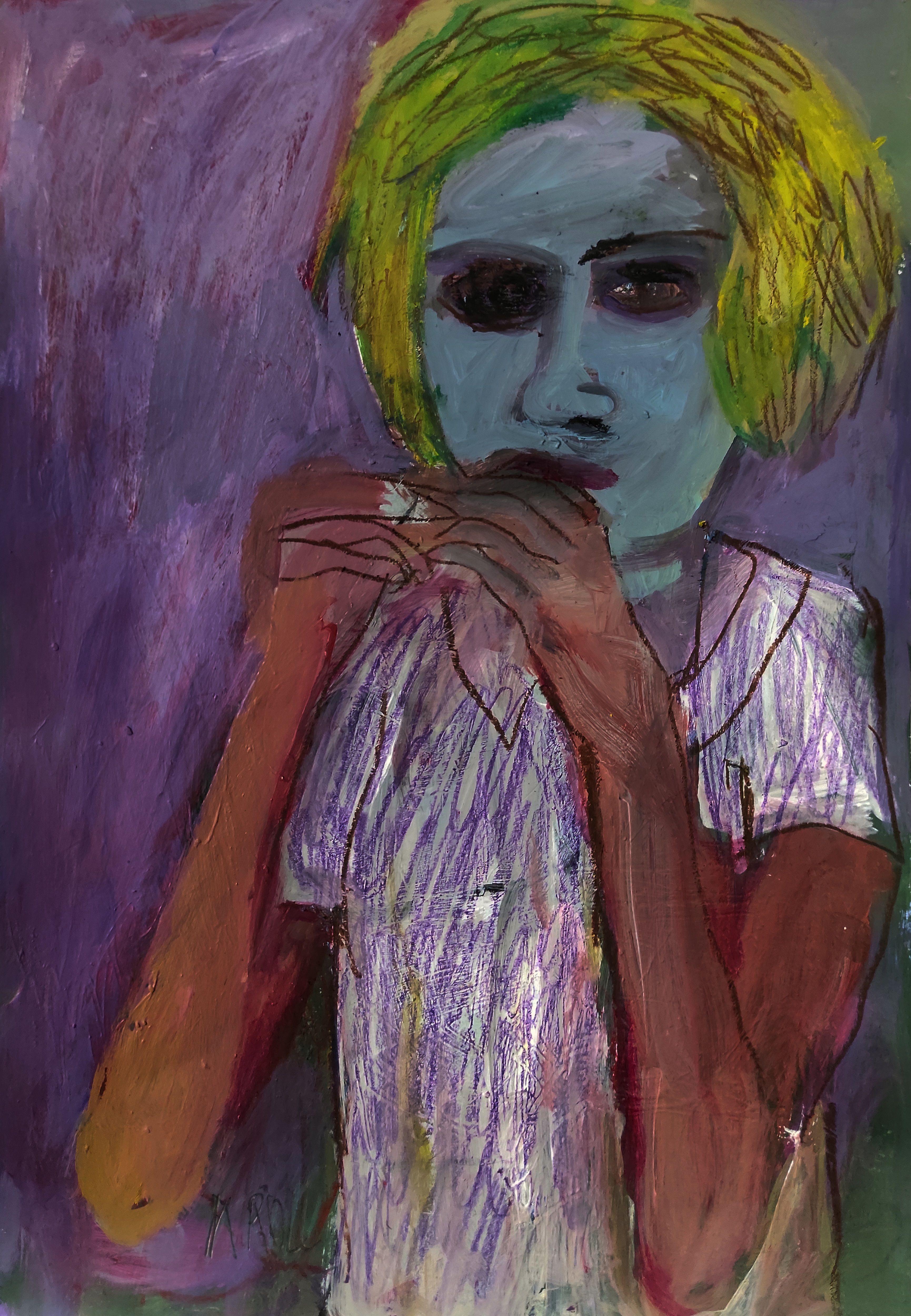 Jeune fille au visage bleu, dessin, crayon/crayon coloré sur papier