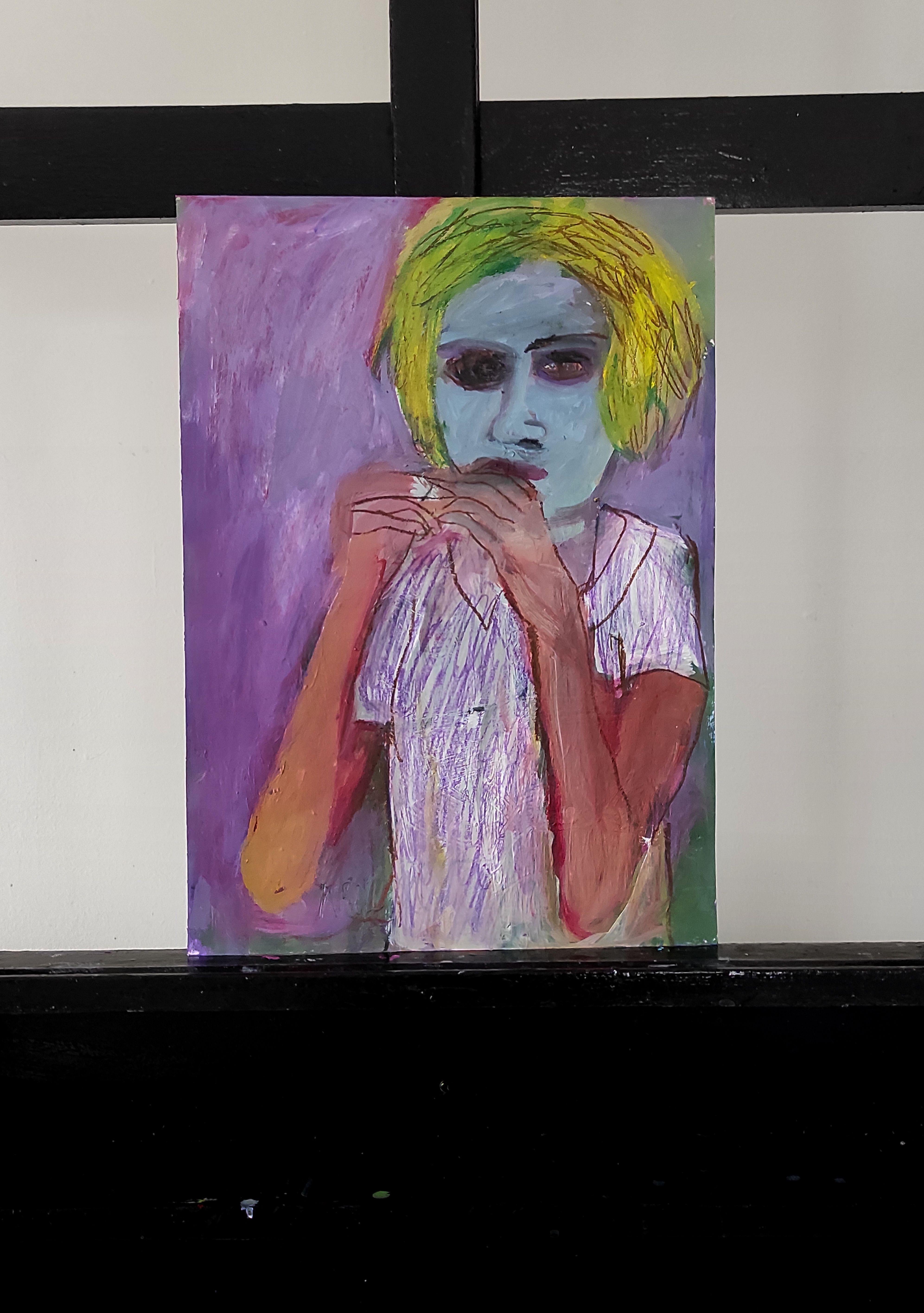 Mädchen mit blauem Gesicht, Zeichnung, Bleistift/Colorierter Bleistift auf Papier (Expressionismus), Art, von Barbara Kroll
