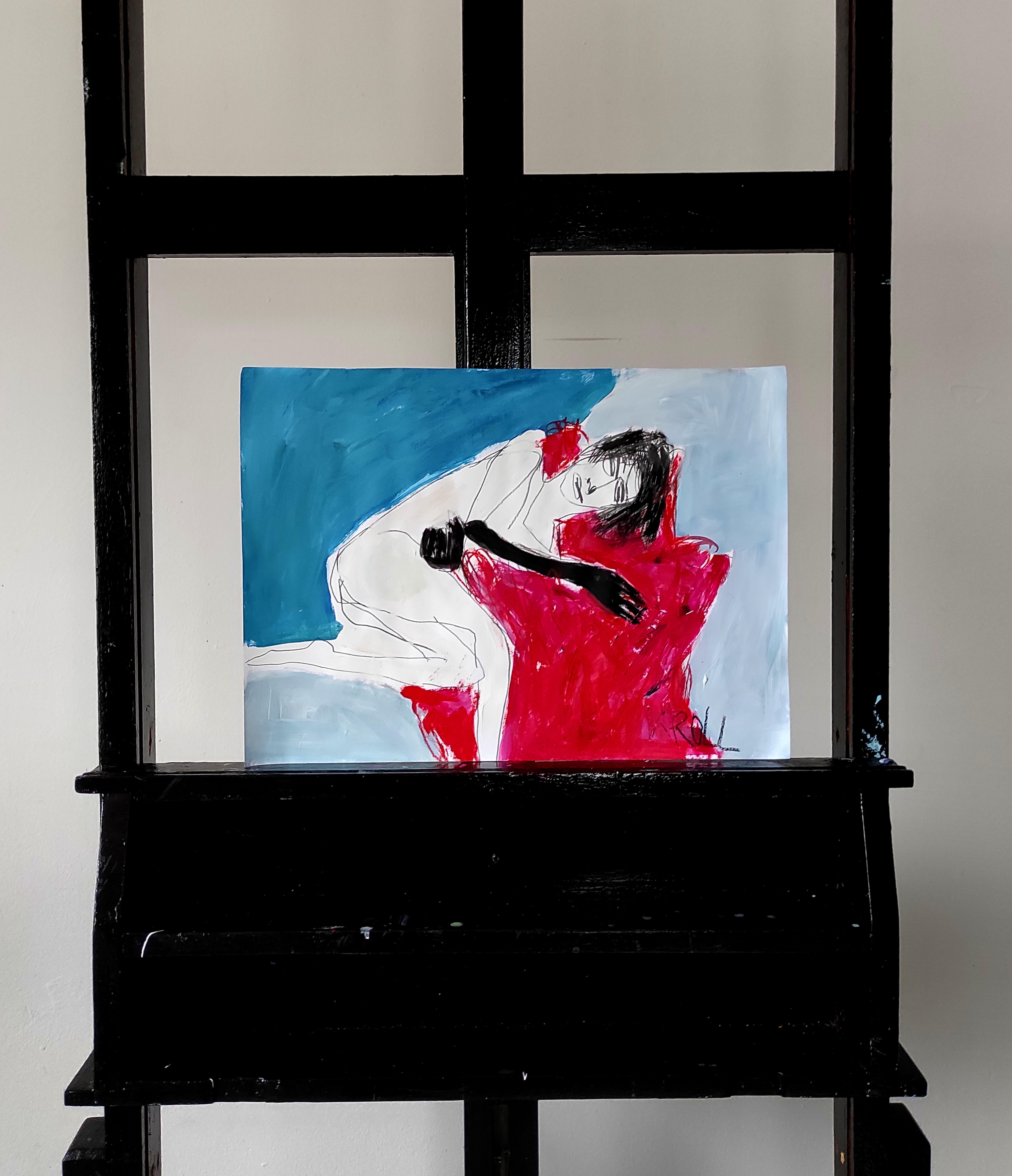 Lying on red armchair, Drawing, Pencil/Colored Pencil on Paper - Expressionist Art by Barbara Kroll