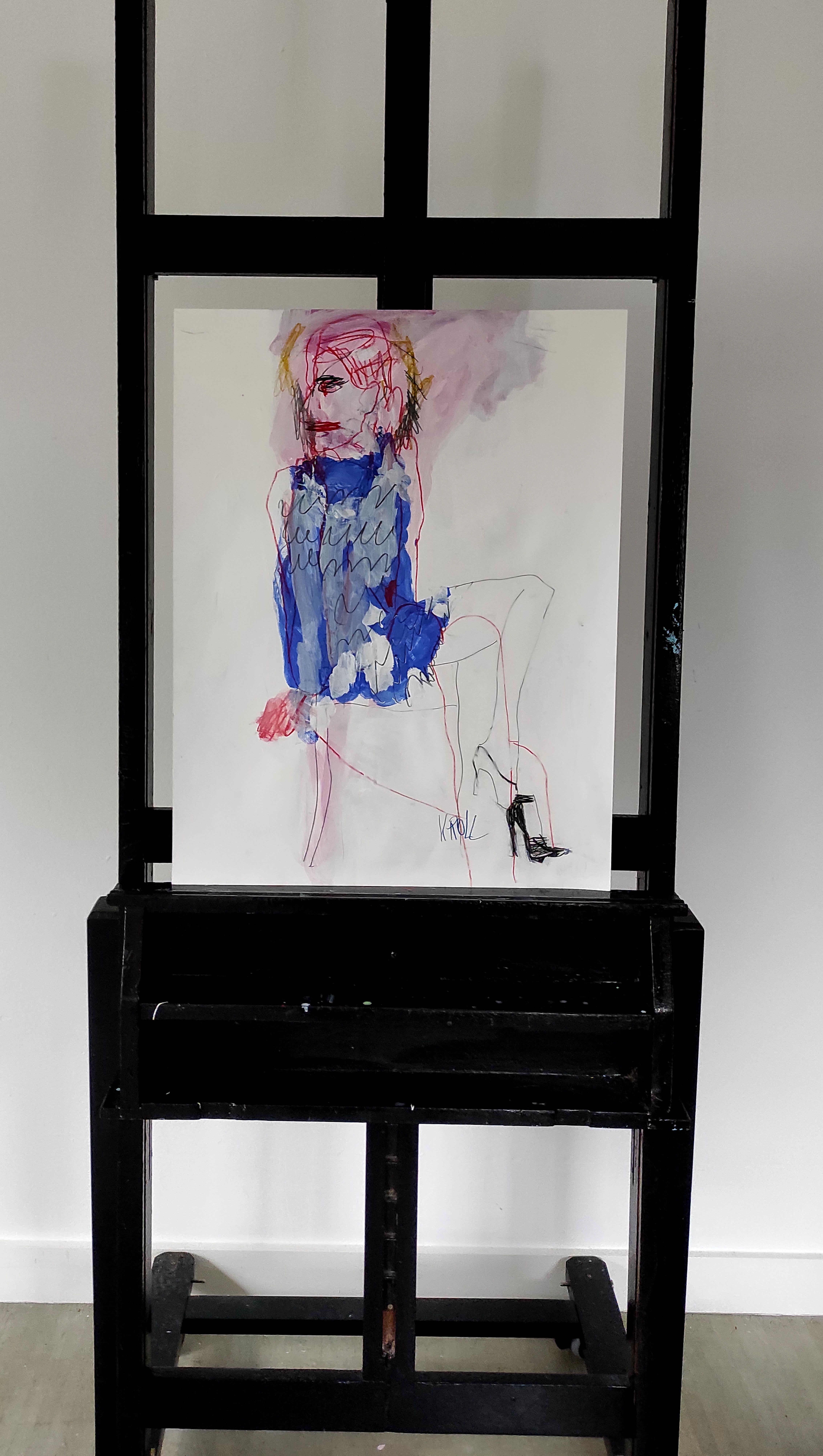 Mädchen auf dem Stuhl, Zeichnung, Bleistift/Colorierter Bleistift auf Papier (Expressionismus), Art, von Barbara Kroll