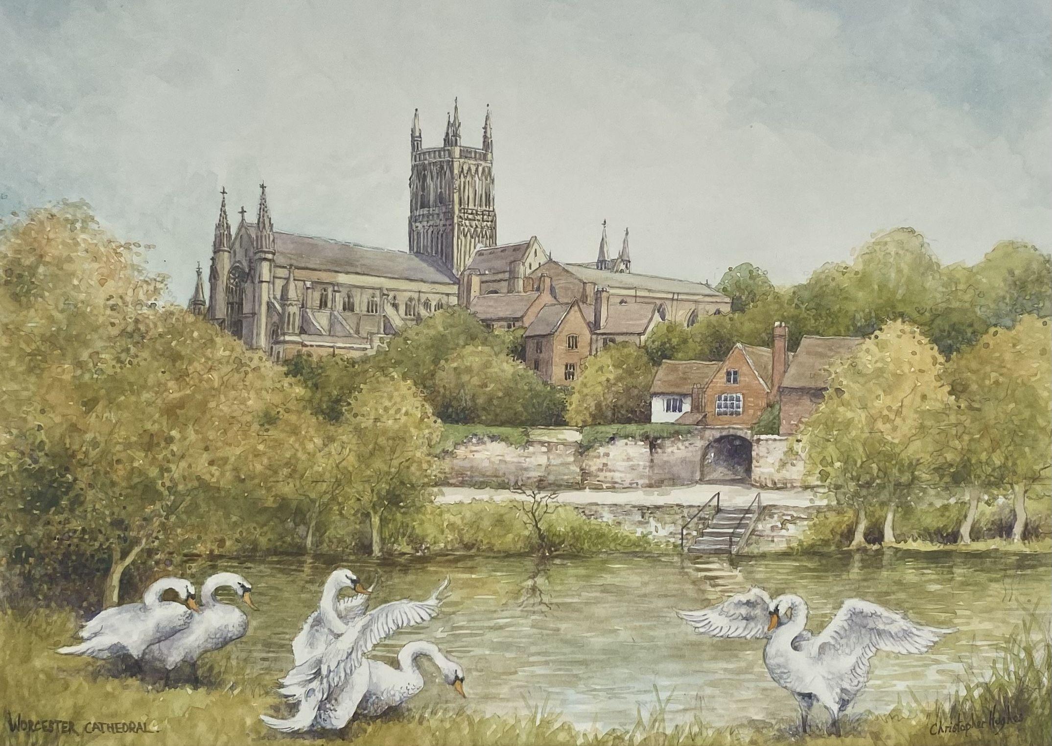 Worcester Cathedral. Swans by the River Severn and the majestic Worcester Cathedral. Original watercolour 14 in x 10 in presented in a   White double bevel cut mount 20 in x 16 in ,ready for framing.  Certificate of authenticity and artistâ€™s