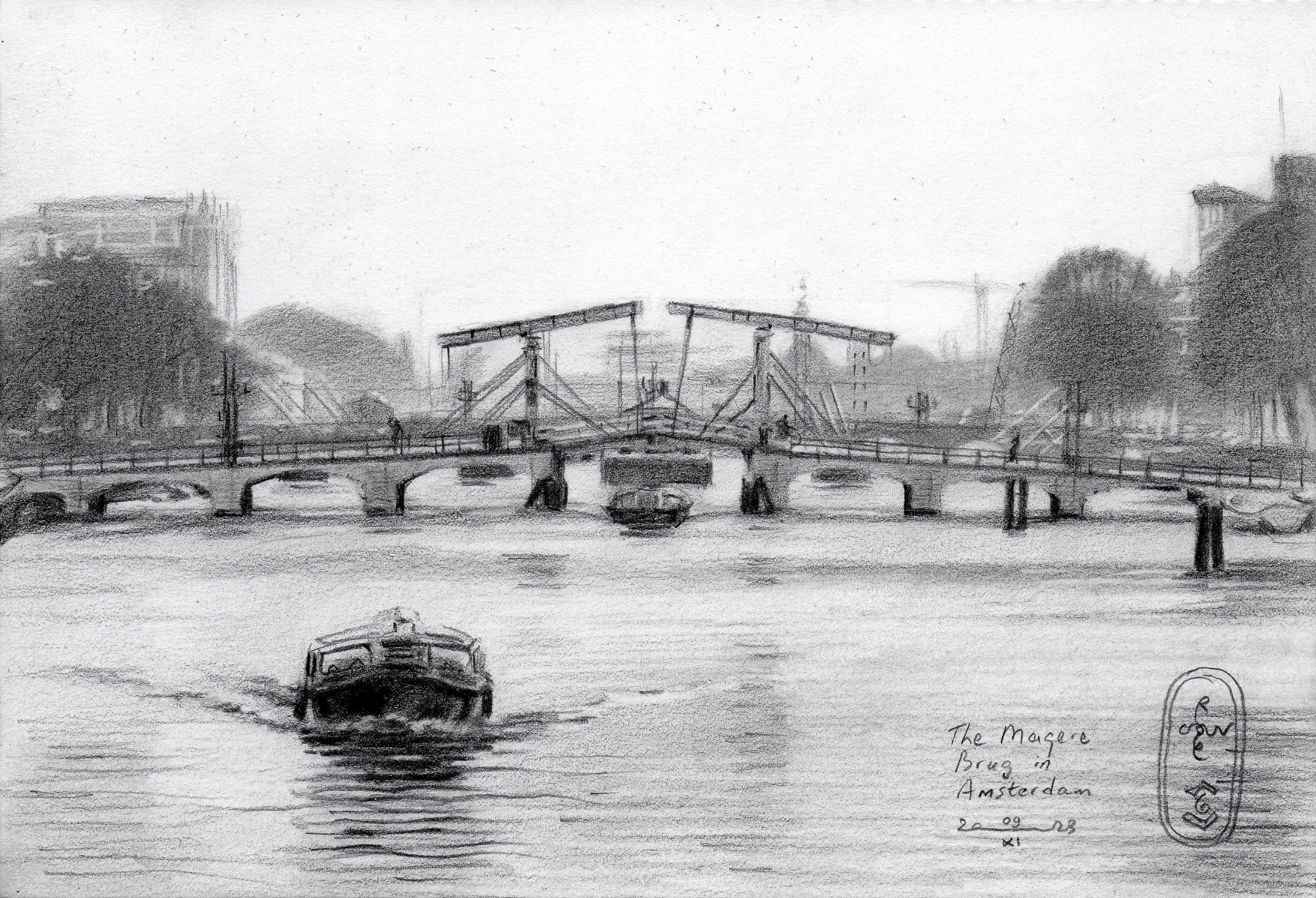 The Magere Brug in Amsterdam â€“ 09-11-23, Drawing, Pencil/Colored Pencil on Pap - Art by Corne Akkers