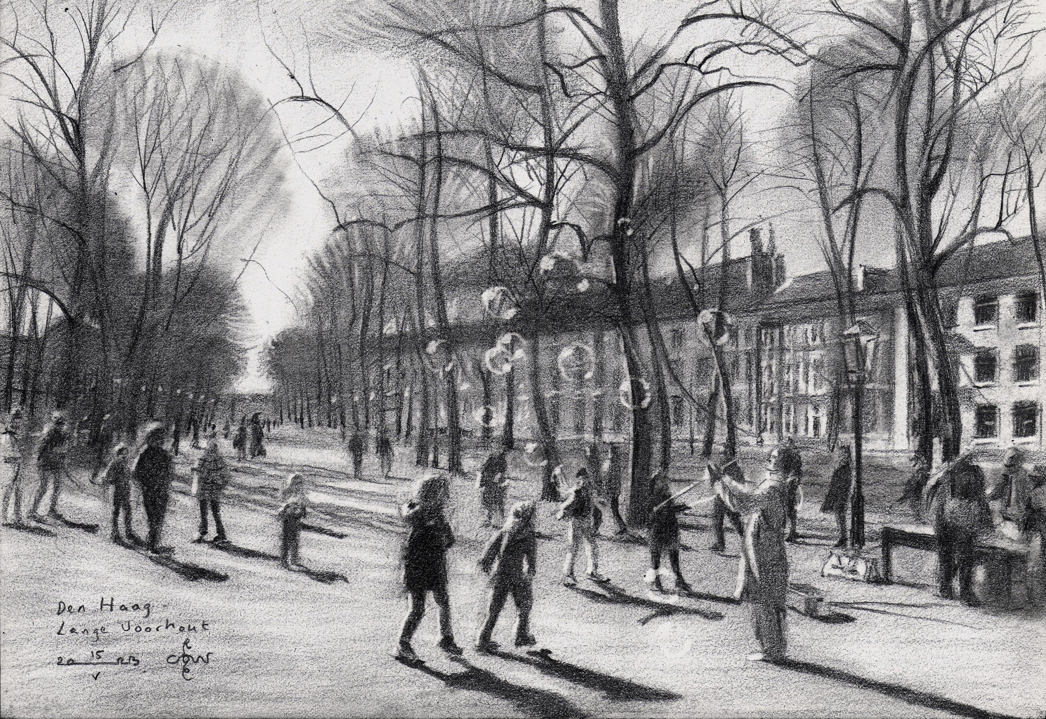 Den Haag â€ Lange Voorhout â€ 15-05-23, Zeichnung, Bleistift/Buntstift auf Papier – Art von Corne Akkers