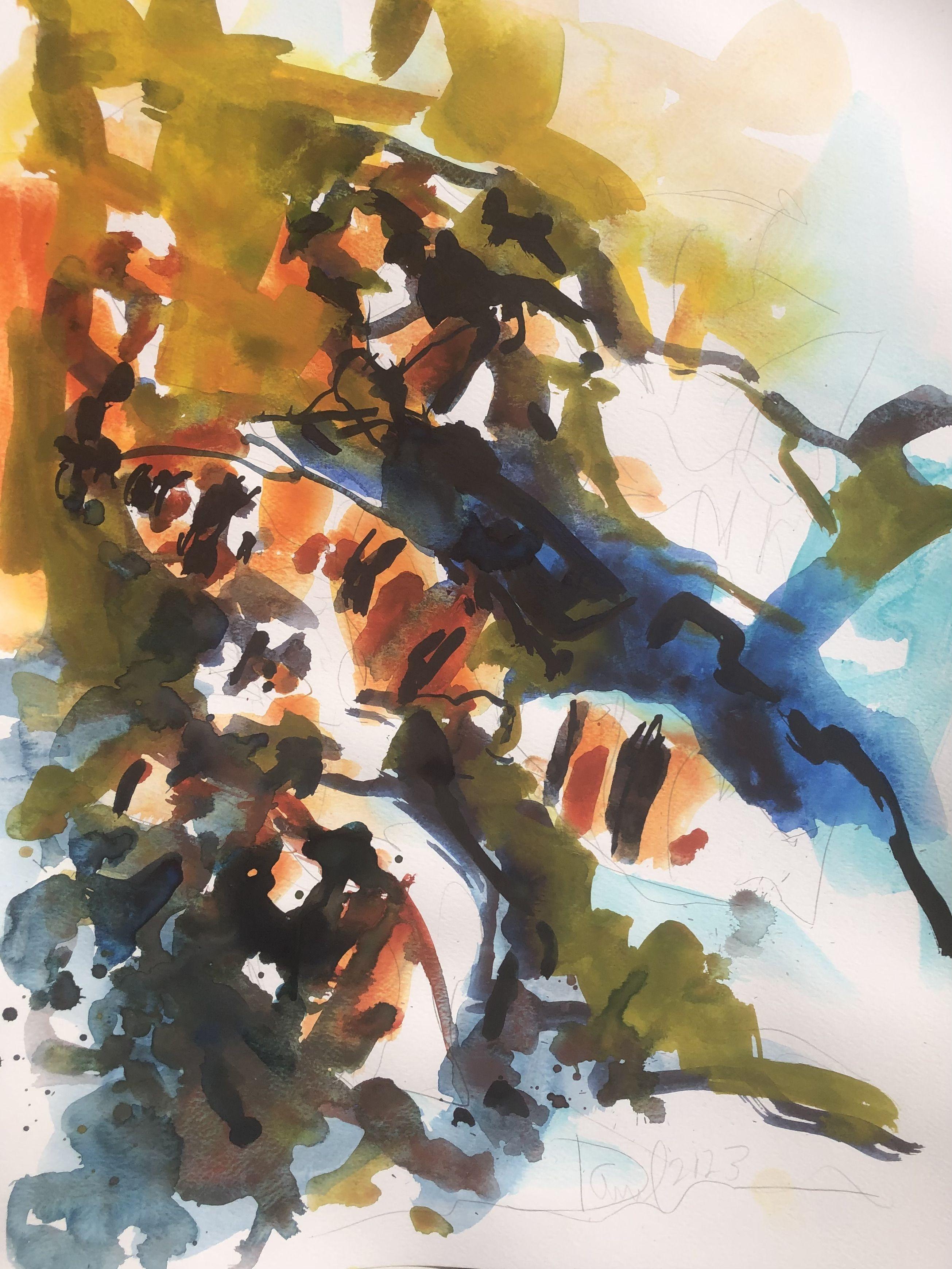 Abstract Drawing Daniel Clarke - Descanso Koi, peinture, aquarelle sur papier aquarelle
